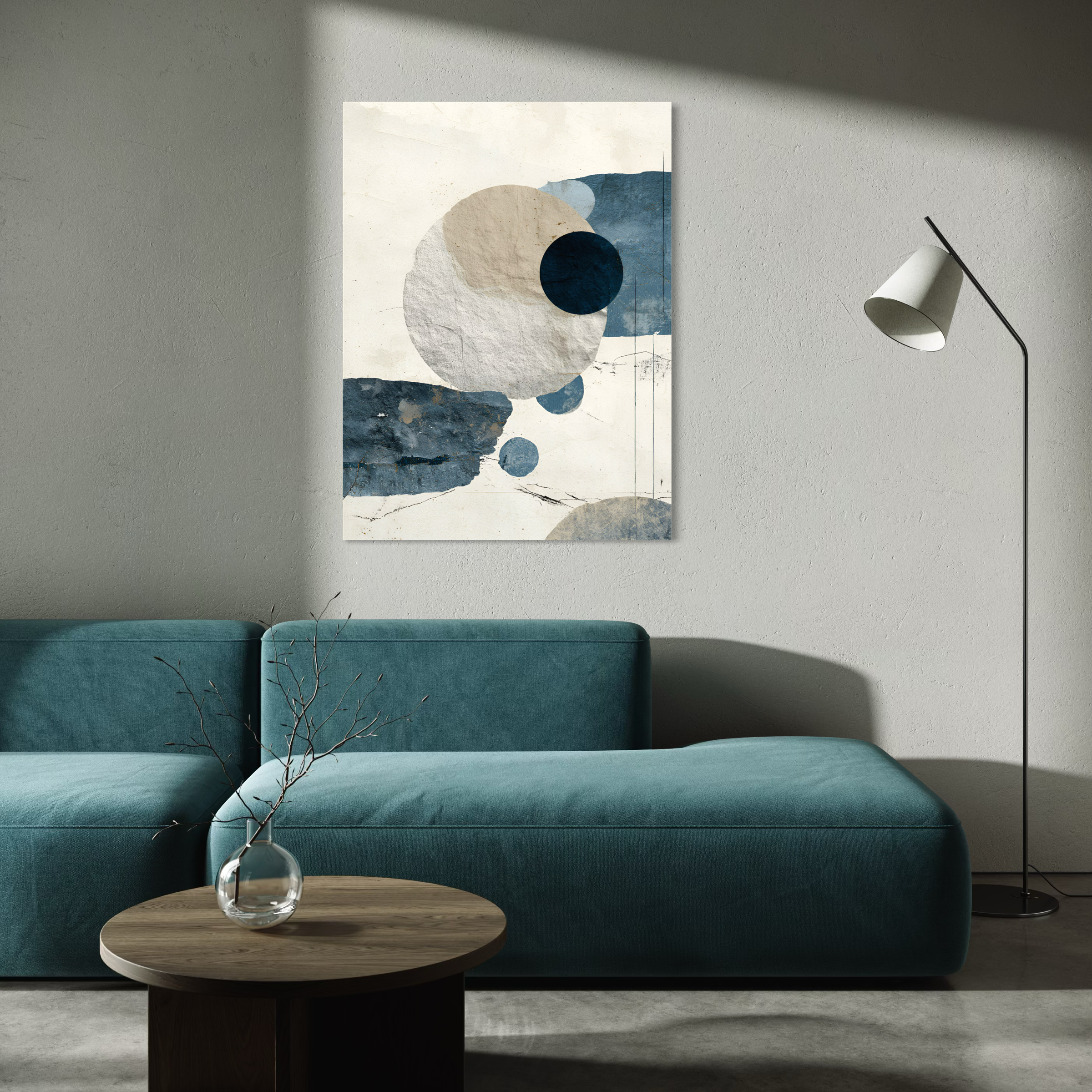 Tableau Japandi abstrait avec cercles bleu nuit et textures minérales dans un style zen et minimaliste