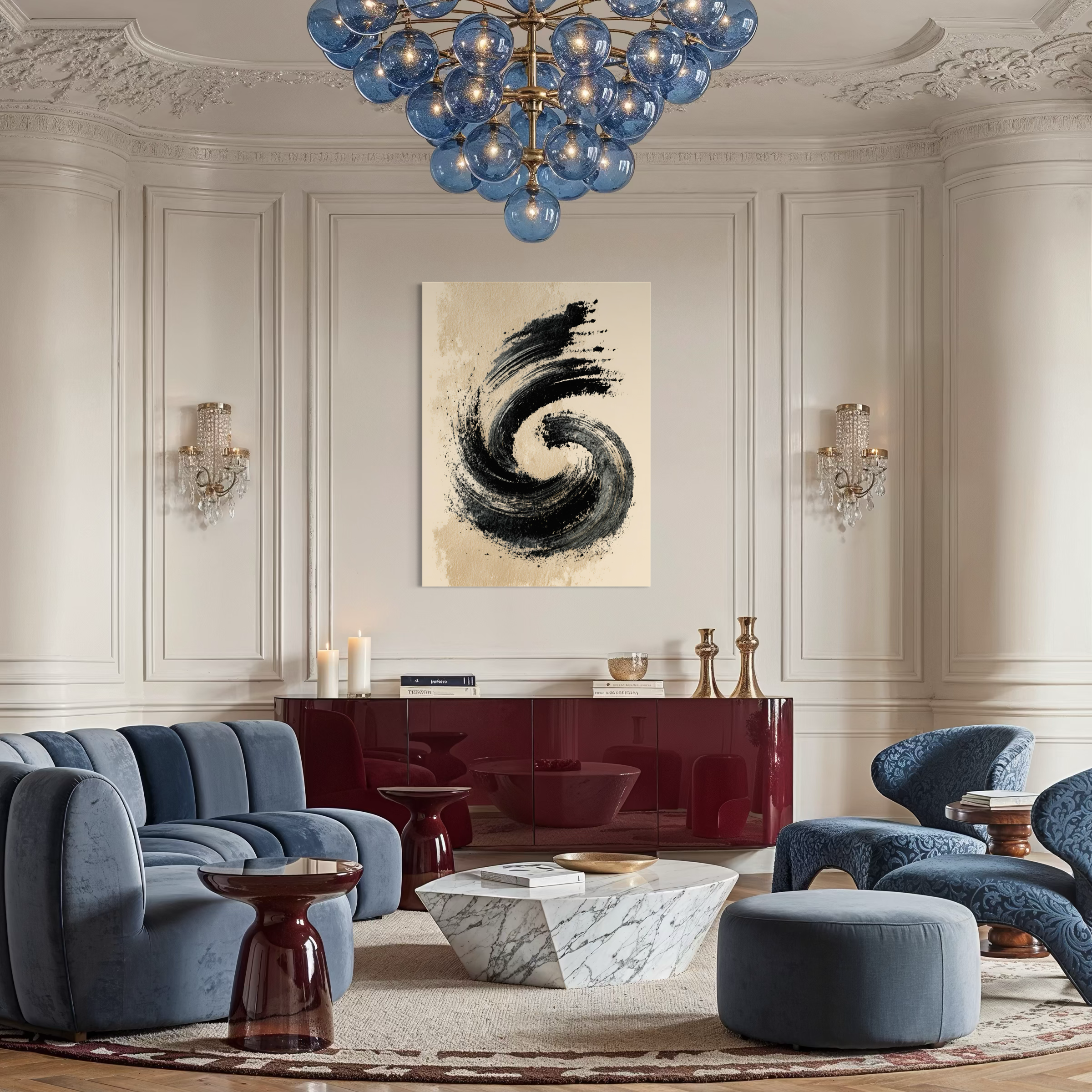 Tableau Japandi représentant un symbole Ensō noir en calligraphie japonaise sur fond beige texturé dans un style zen et minimaliste