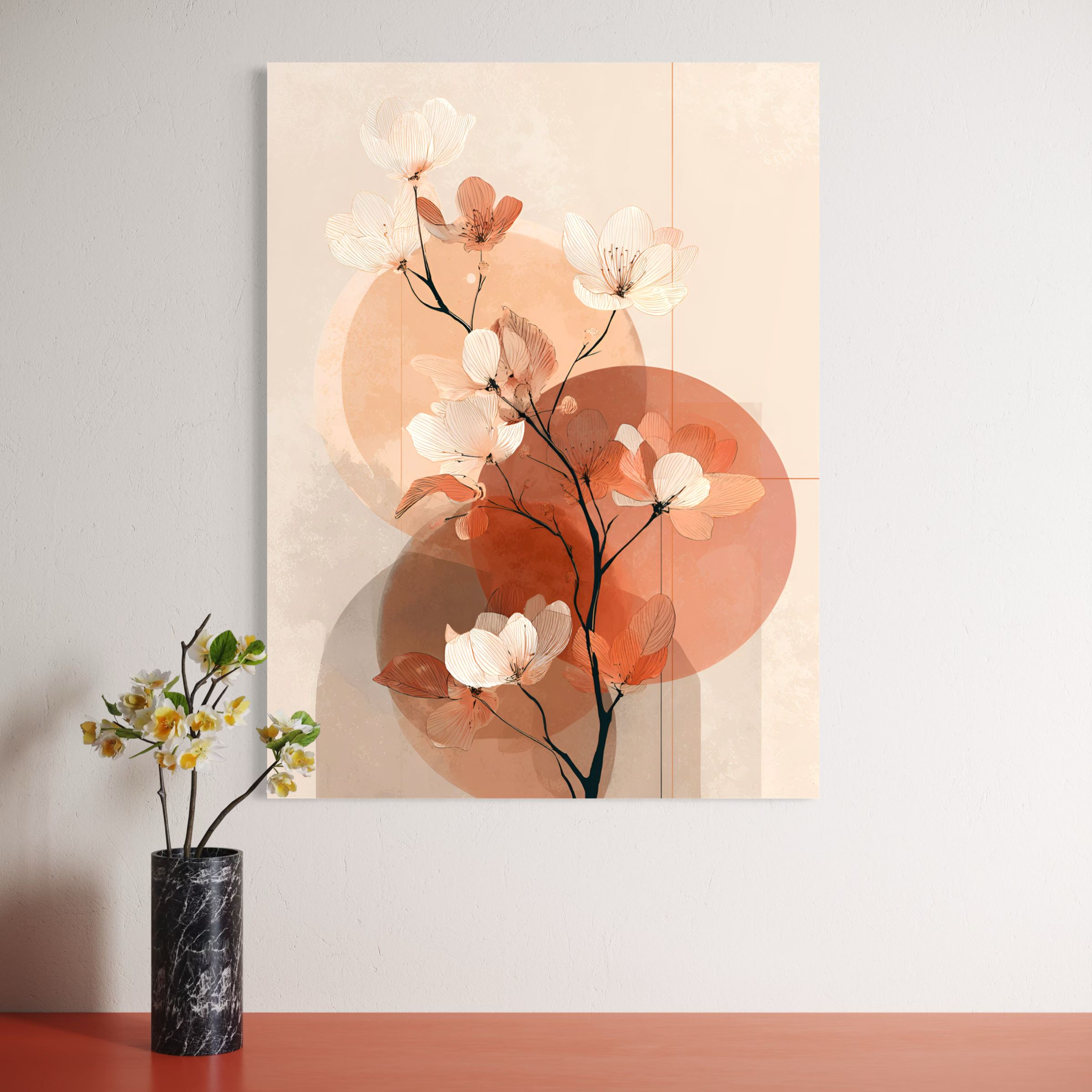 Tableau Japandi représentant des fleurs de cerisier dans des tons beige et terracotta avec composition florale minimaliste zen