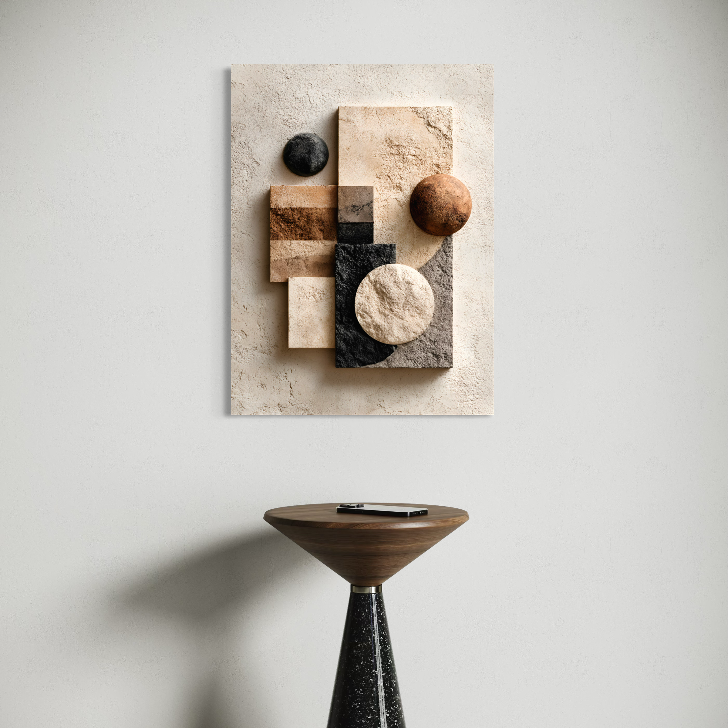 Tableau Japandi abstrait avec formes géométriques minérales et textures pierre dans des tons beige, noir et brun