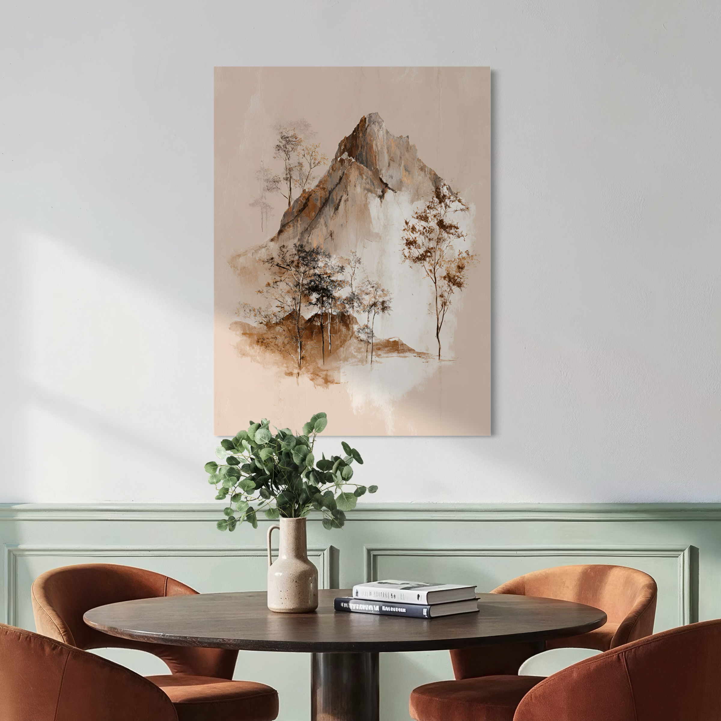 Tableau Japandi représentant une montagne aquarelle avec arbres délicats dans des tons beige et brun au style zen et minimaliste