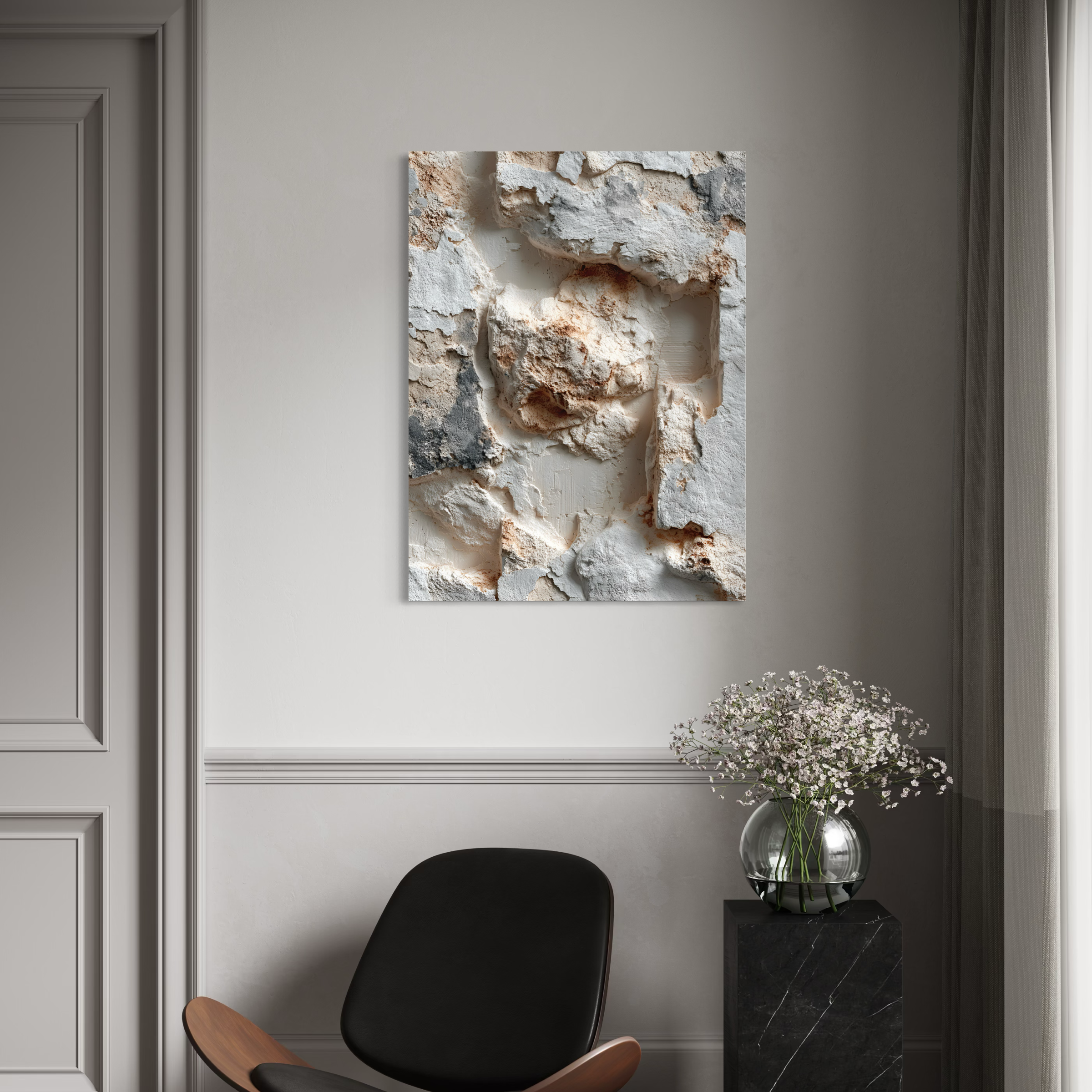 Tableau Japandi Wabi-Sabi représentant un mur texturé minéral avec reliefs organiques dans des tons beige et pierre