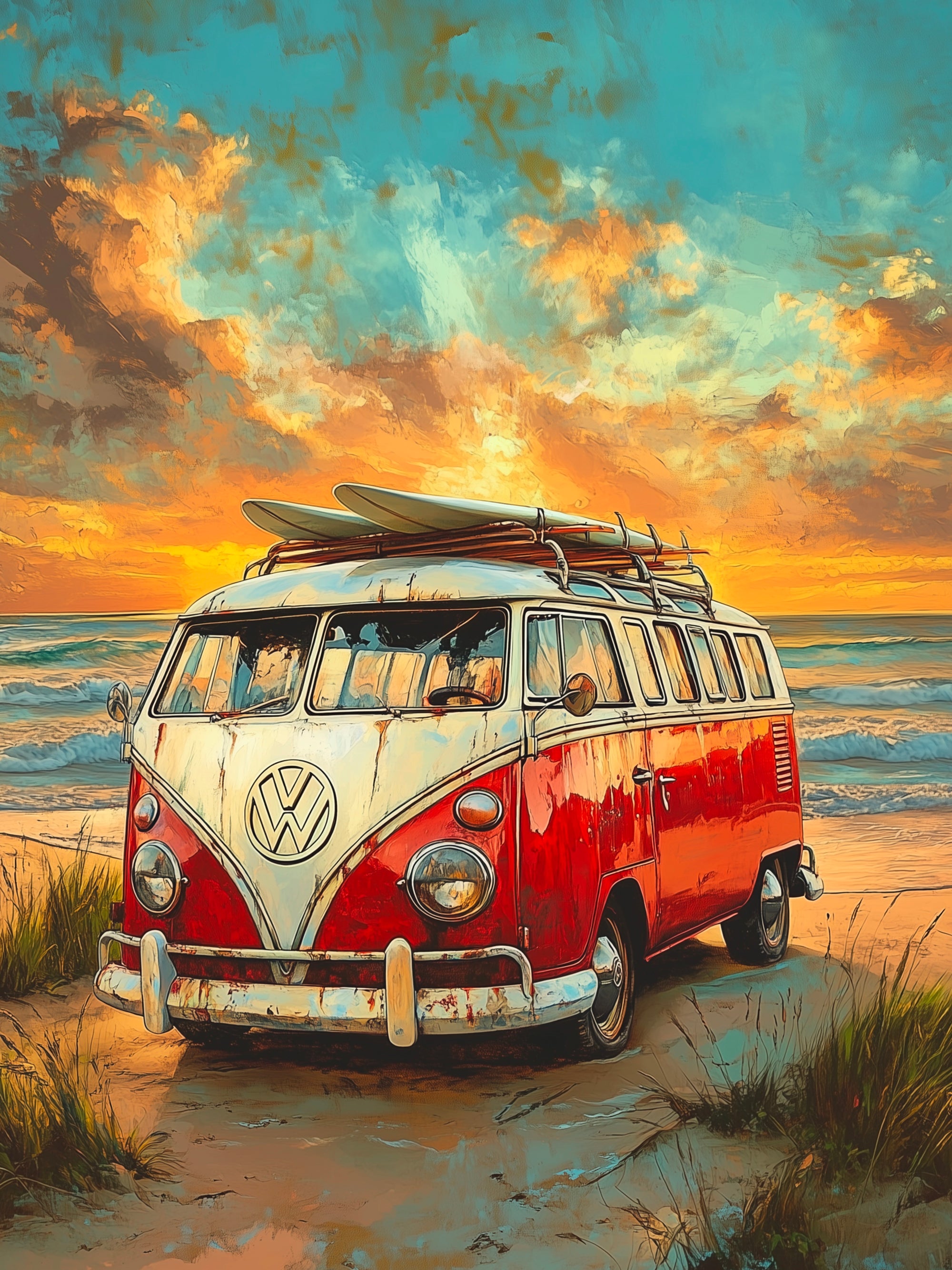 Tableau Volkswagen Combi Rouge Plage - Décoration Murale Déco - Fabulartz.fr