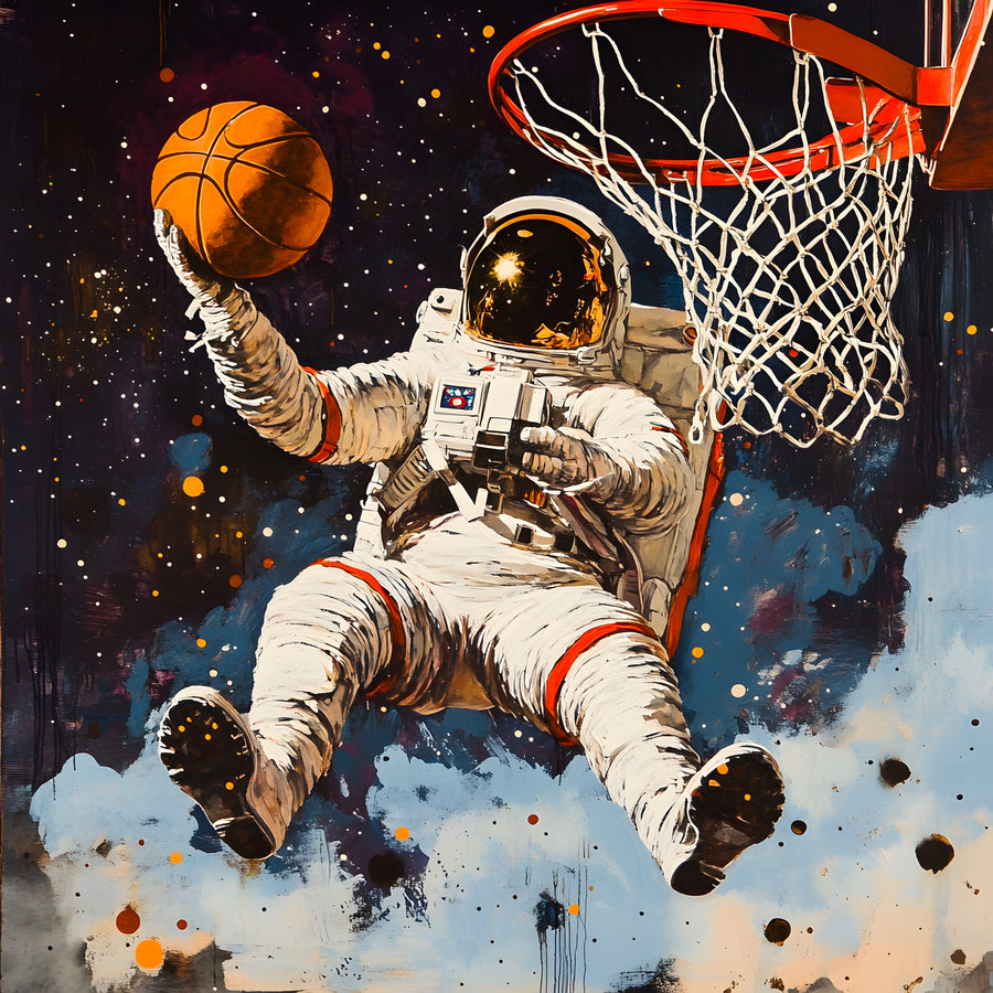 Painting Space Astronaut Basket - Original Wall Decor
