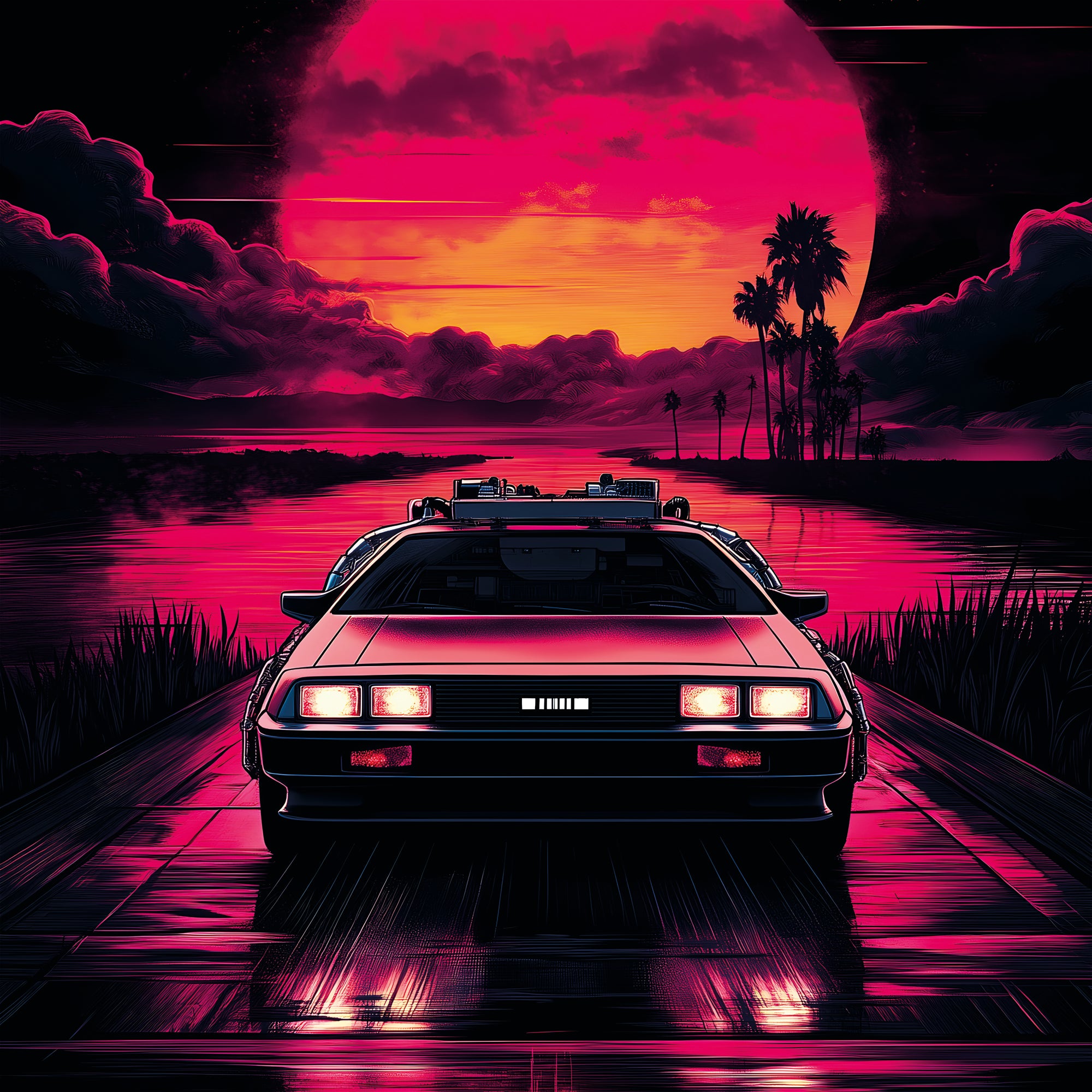 Tableau Retour Vers Le Futur - Delorean Coucher de Soleil - Fabulartz.fr 