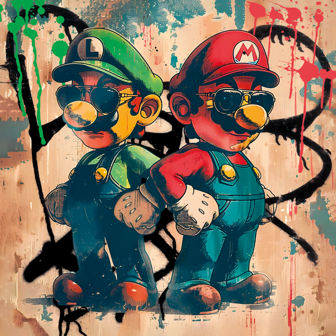 Tableau Mario et Luigi en Combat - Cadre Déco Inspiré par le Street Art - Fabulartz.fr 