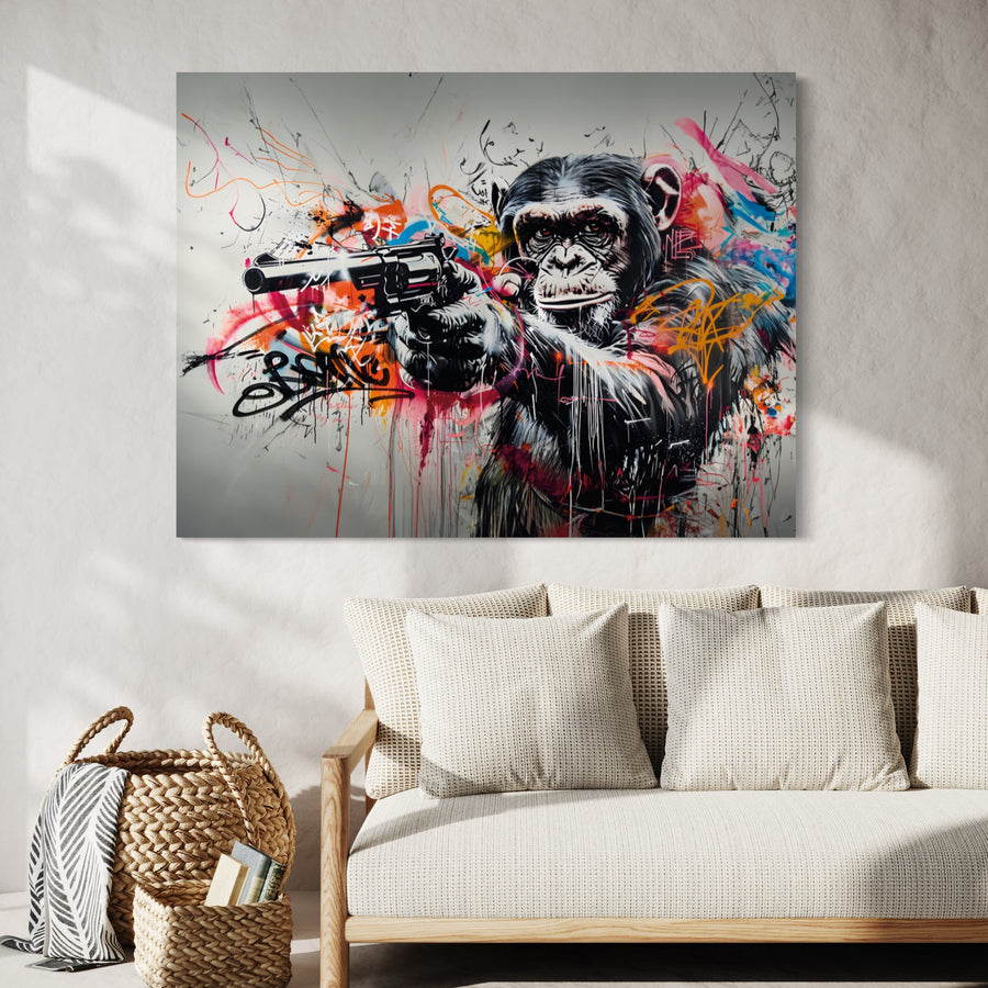 Tableau Street Art Singe Revolver - Décoration Murale Provocante