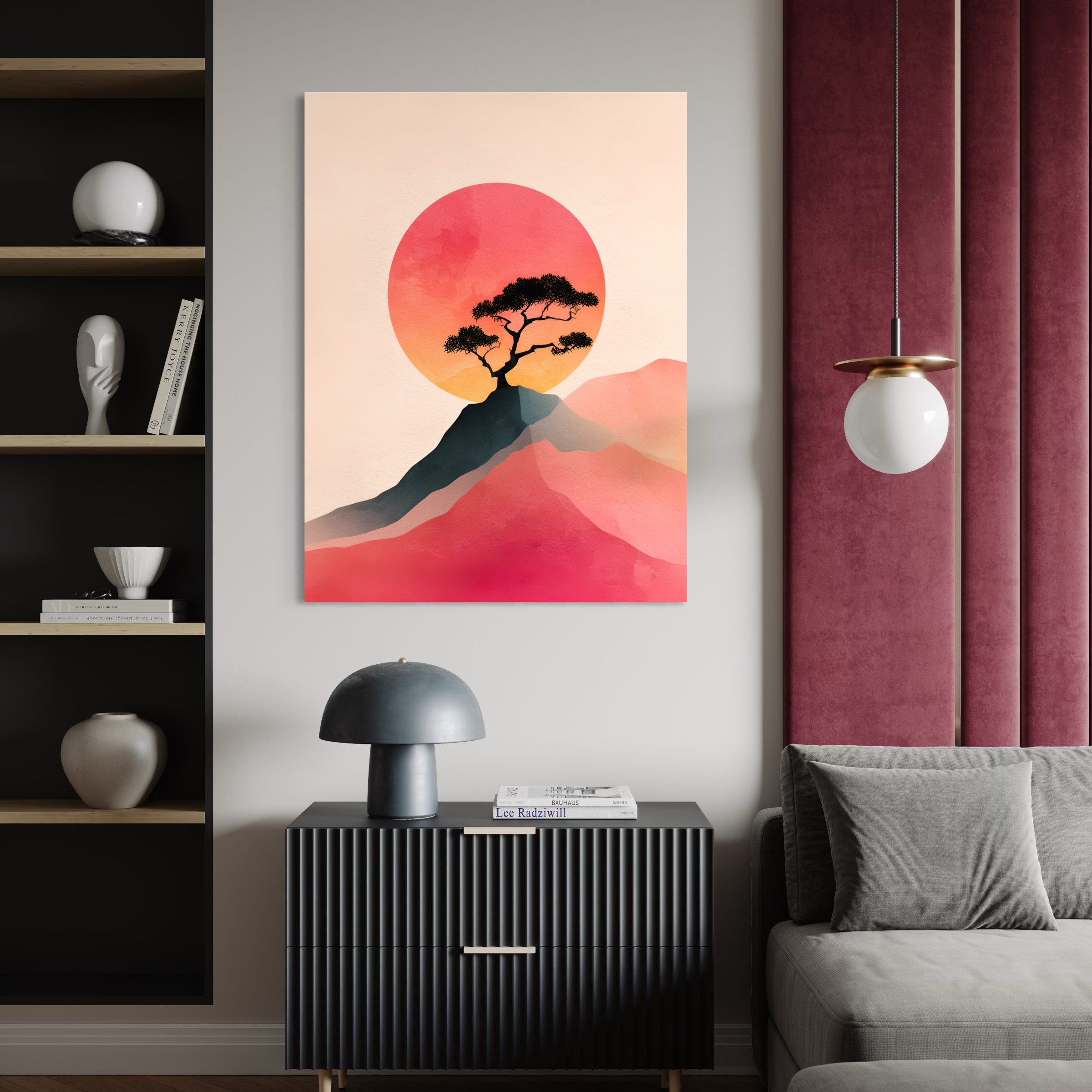 Tableau Japandi avec arbre japonais noir et soleil rose dans un paysage minimaliste zen