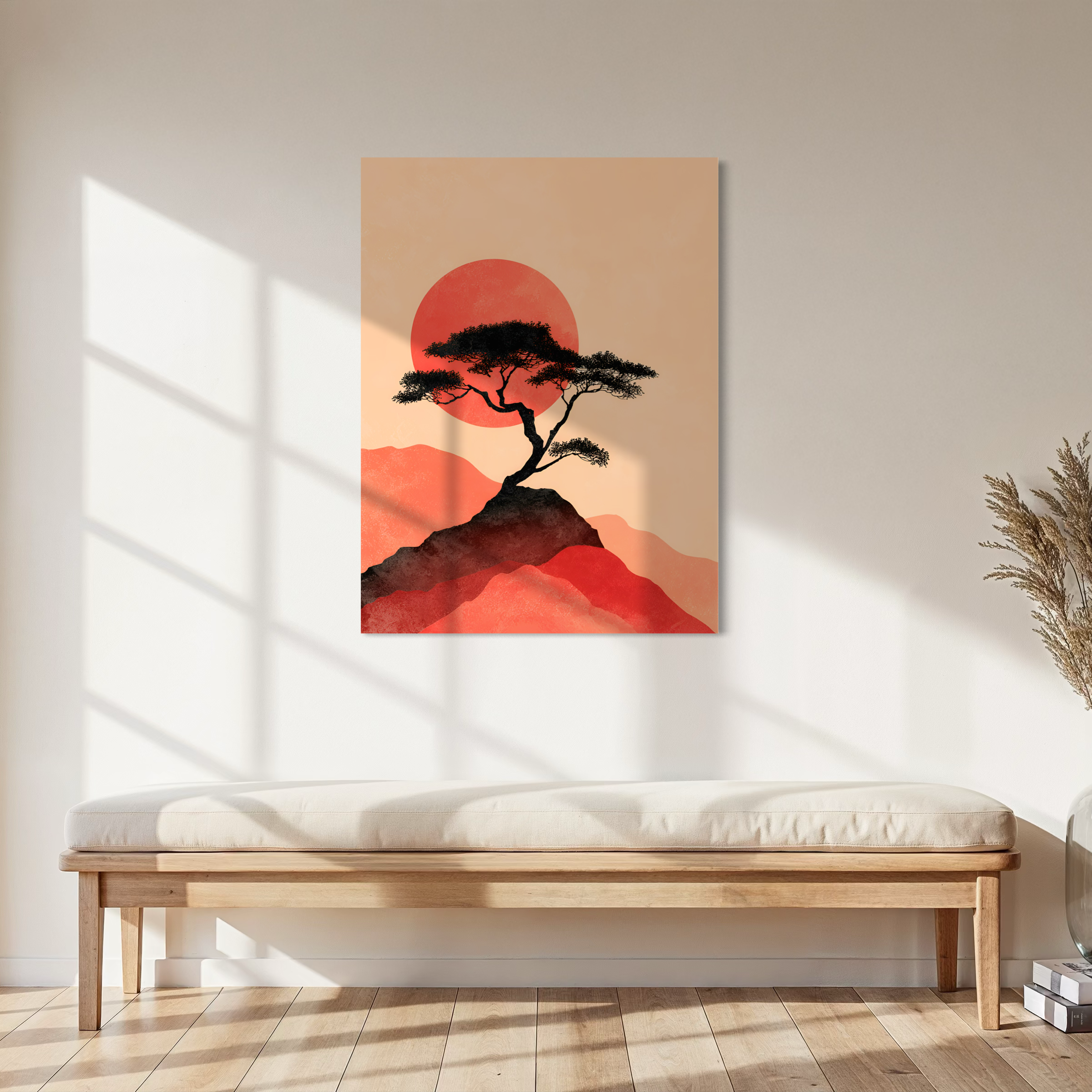 Tableau Japandi avec arbre japonais noir et soleil corail dans un paysage minimaliste zen