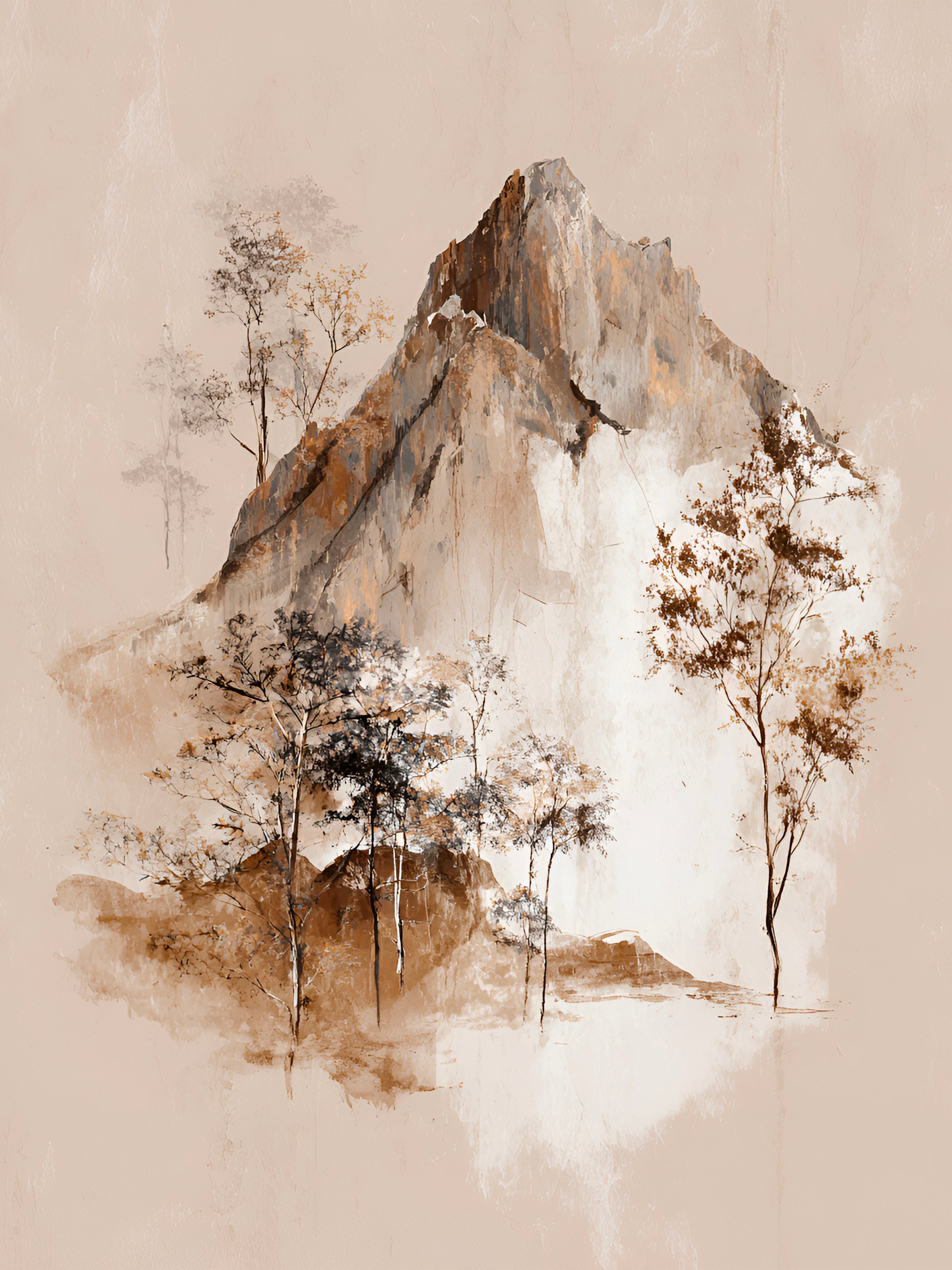Tableau Japandi Montagne Aquarelle – Paysage Minéral