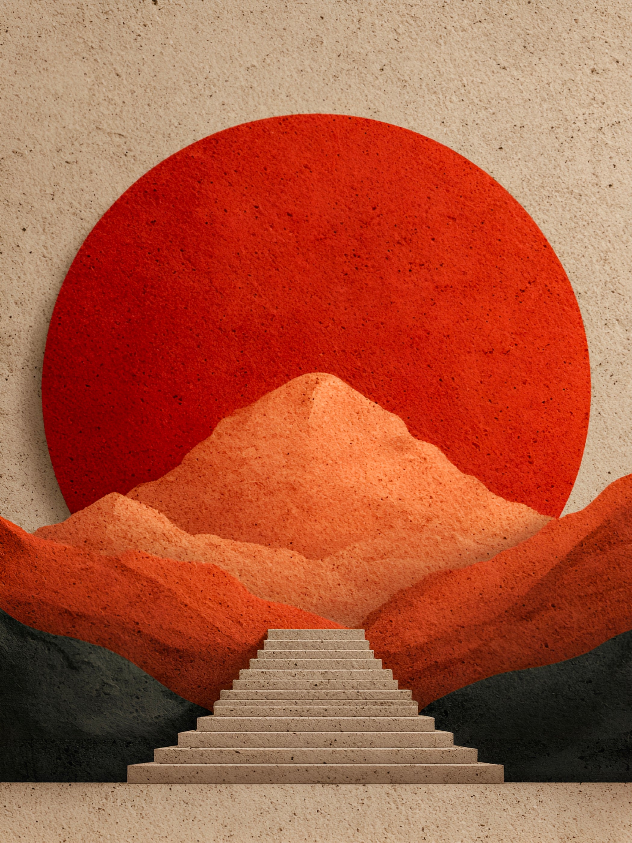 Tableau Japandi Soleil Rouge et Escalier Minimaliste