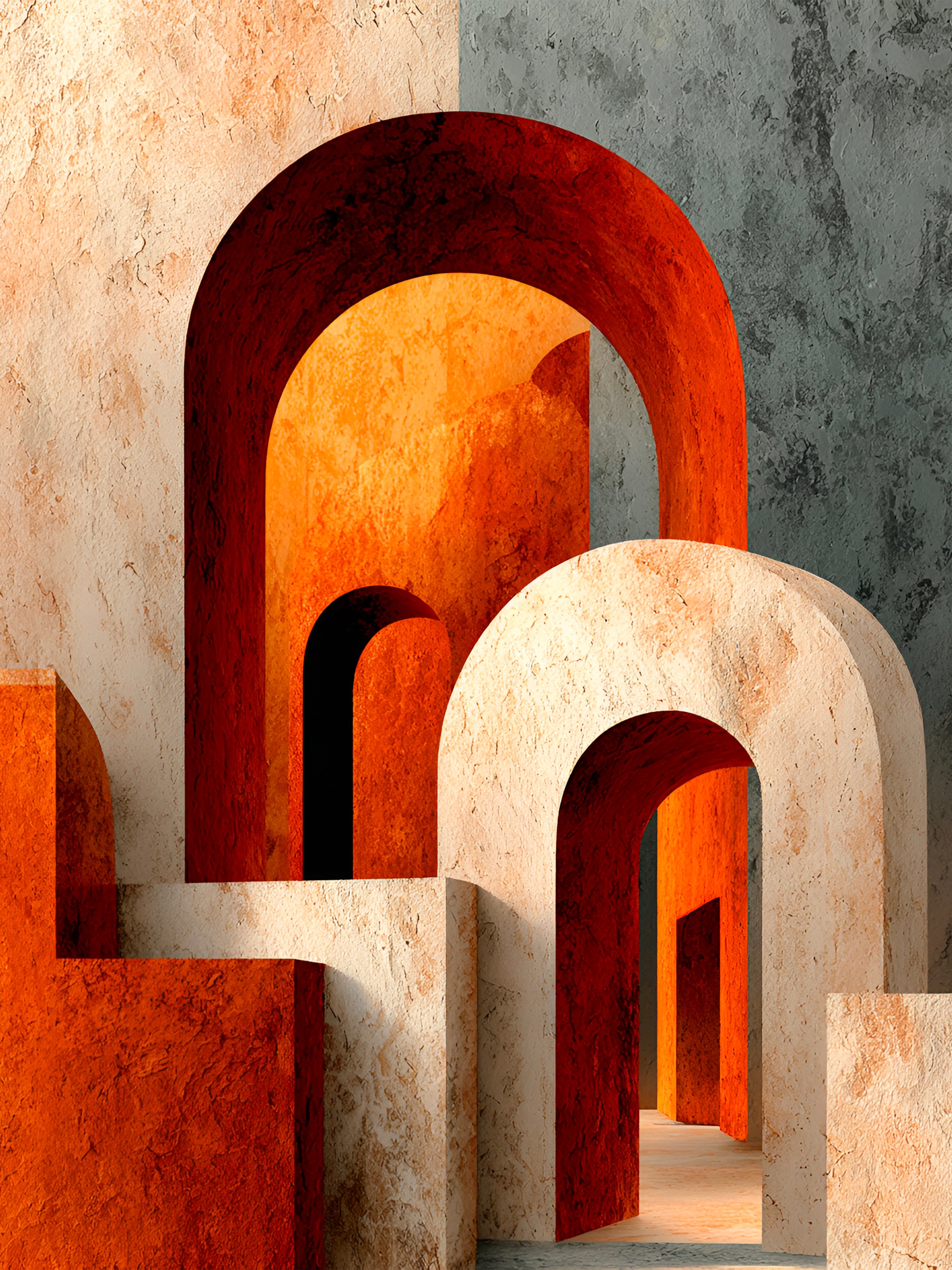 Tableau Japandi Voûtes Orange – Architecture Minimaliste et Lumière Terracotta