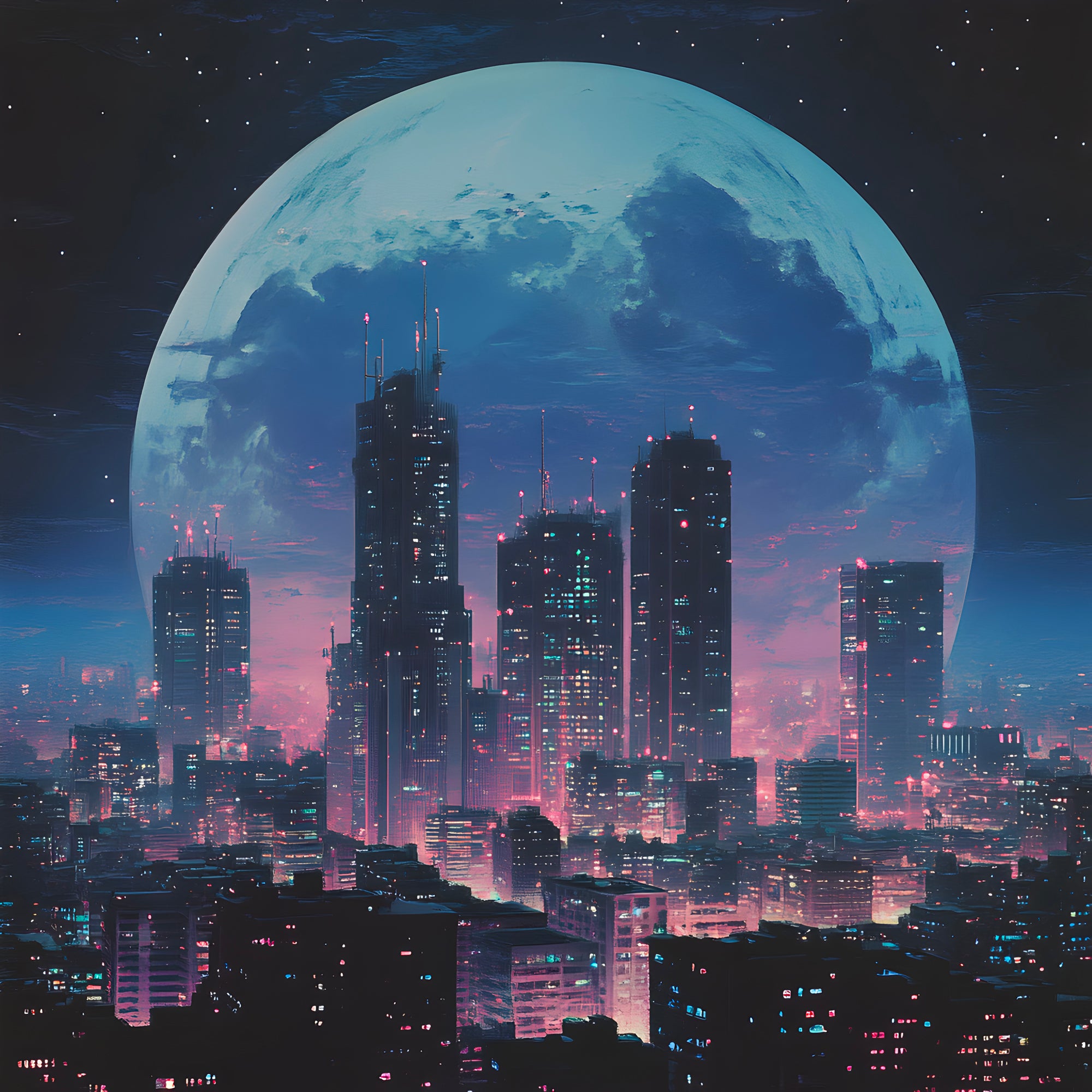 Tableau Espace Ville Futuriste et Lune - Décoration Murale Design - Fabulartz.fr 