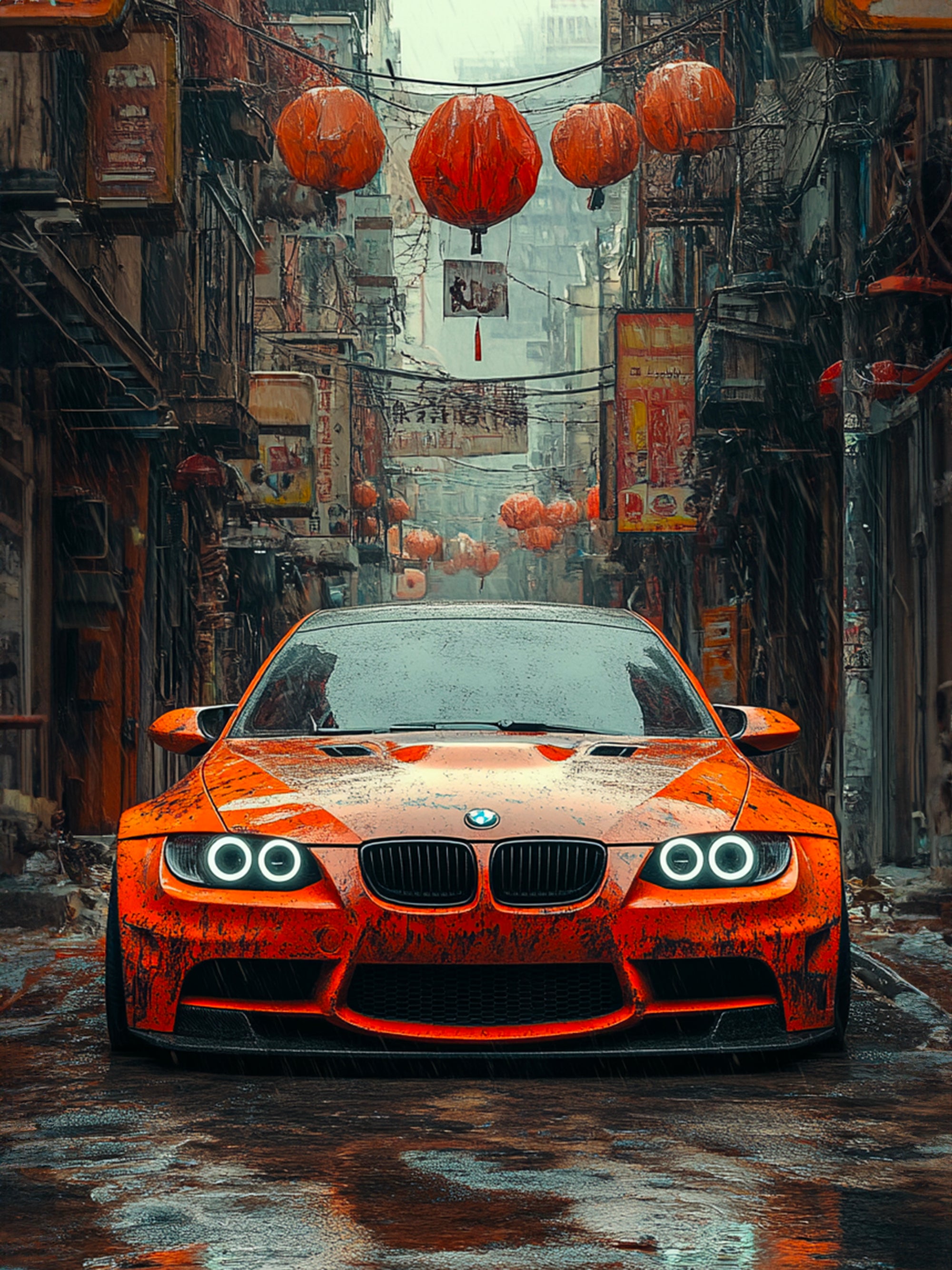 Tableau BMW Orange Lanternes - Décoration Murale Design - Fabulartz.fr 