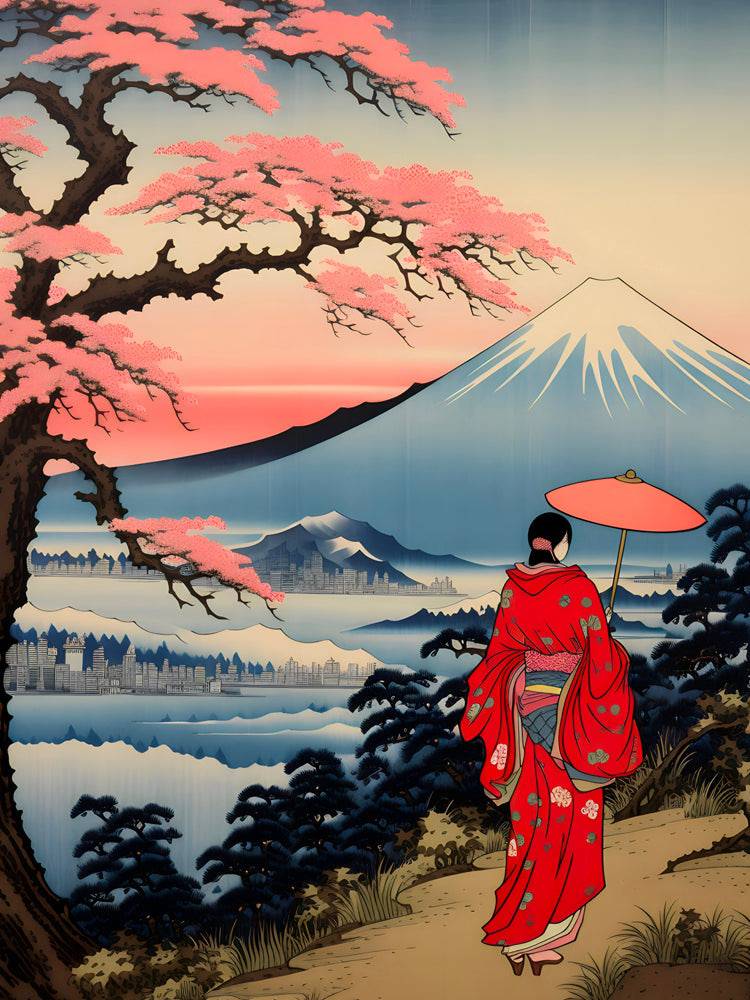 Japanese Painting Sunset On Mount Fuji - Zen Wall Decoration