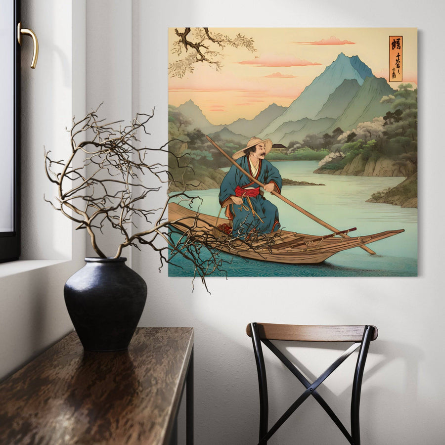 Pittura giapponese Il barcaiolo dell'alba - Decorazione murale pittoresca