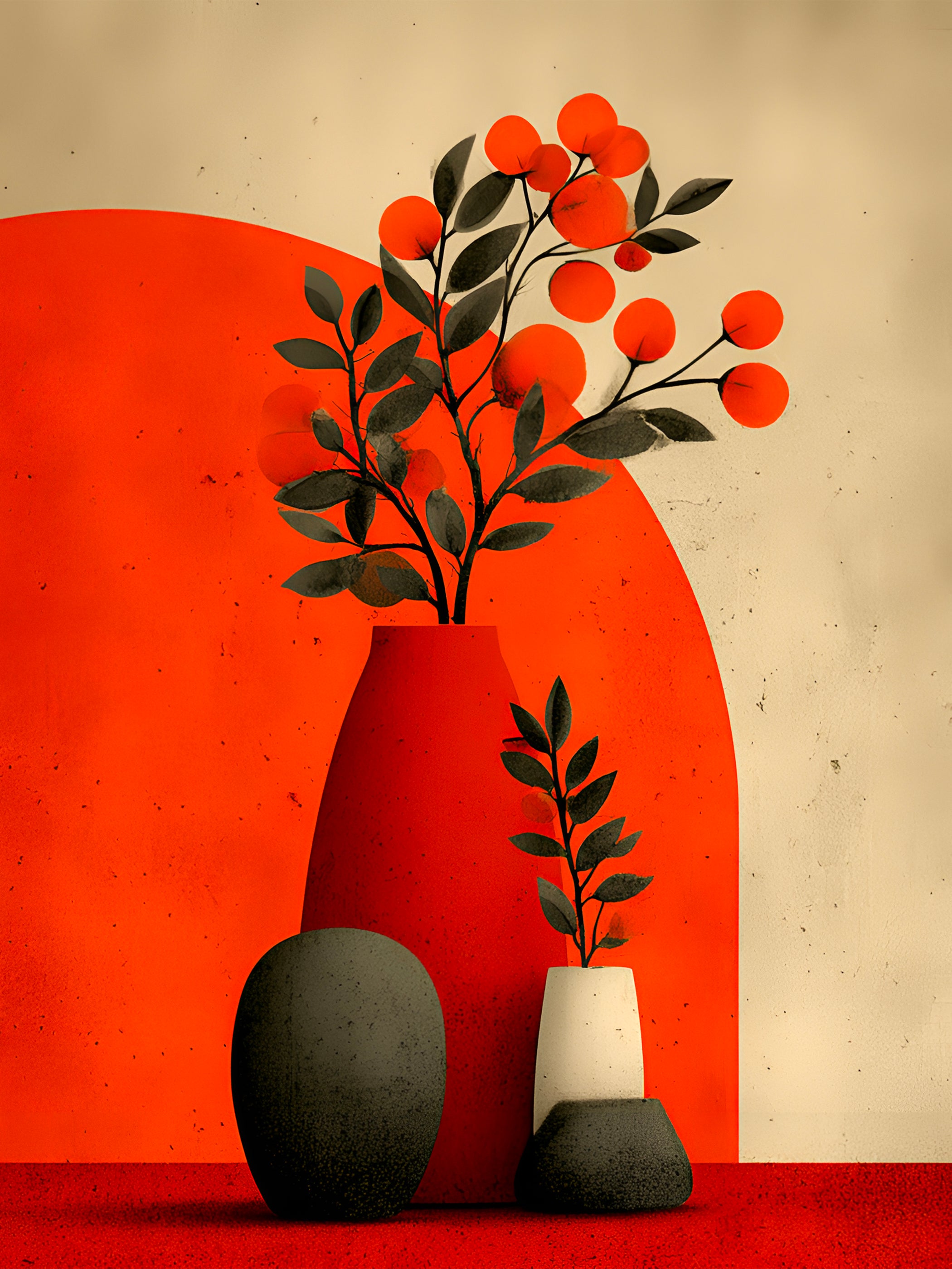 Tableau Coastal Luxe Vase Rouge et Feuillage Méditerranéen