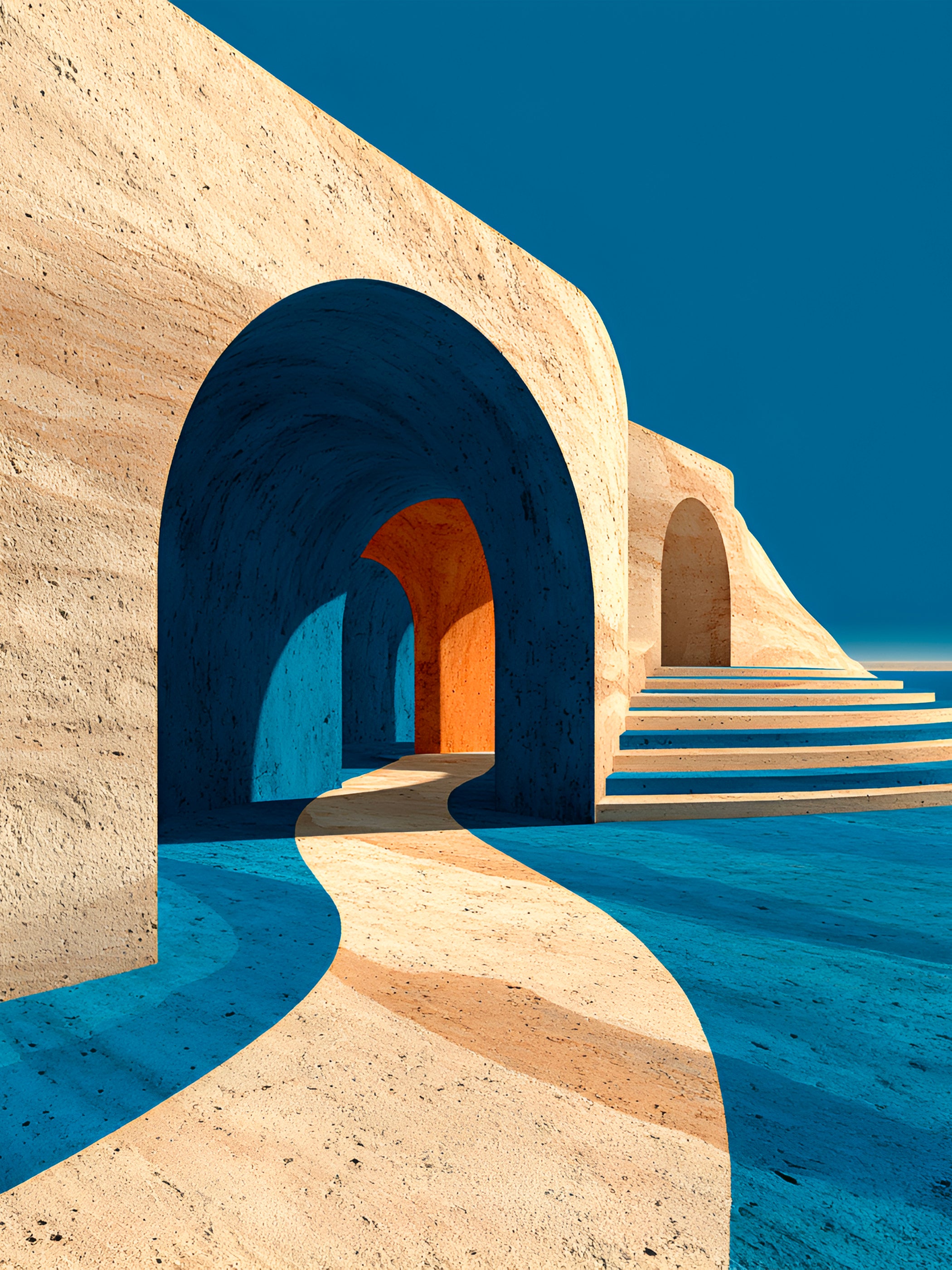 Tableau Coastal Luxe Architecture Méditerranéenne Bleue et Voûtes Minimalistes