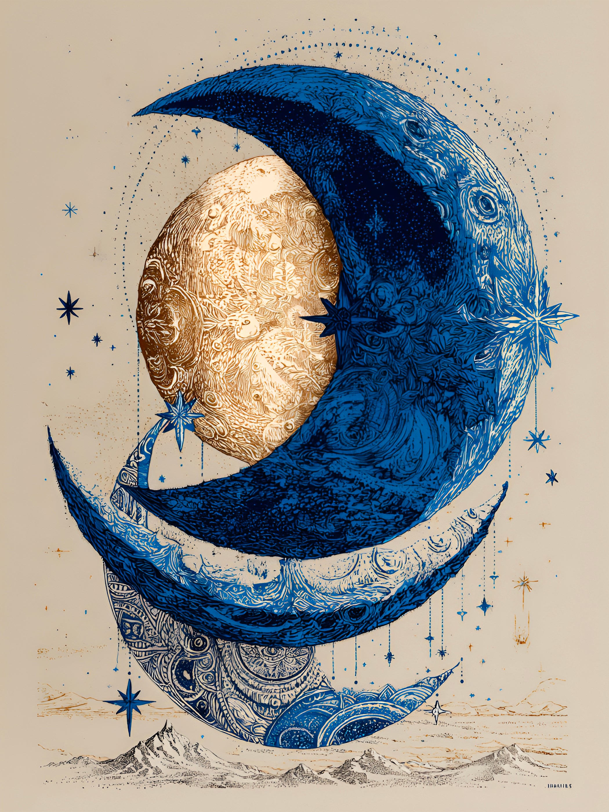 Tableau Coastal Luxe Lune Bleue Astrale & Art Mystique Méditerranéen