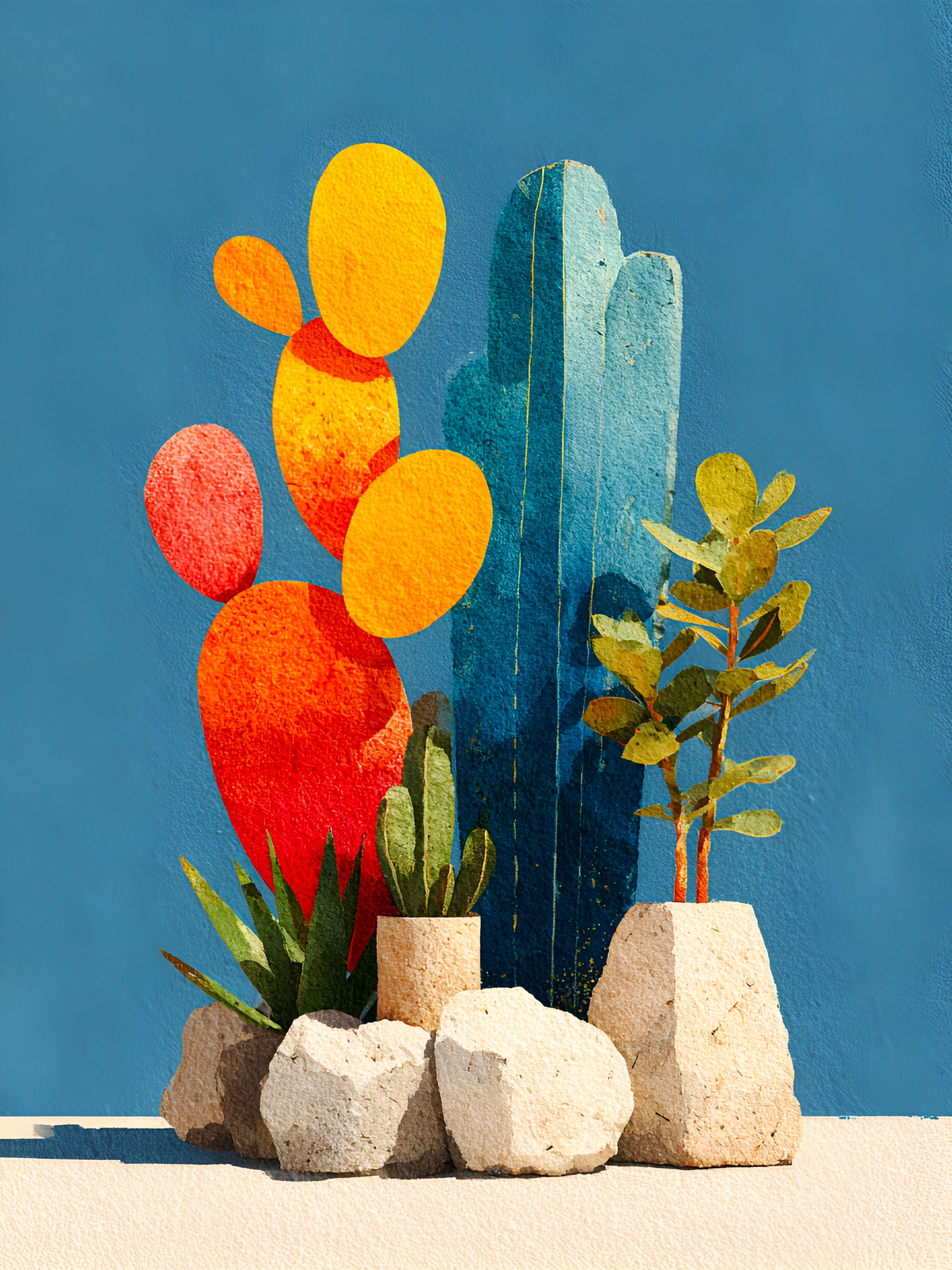 Tableau Coastal Luxe Cactus Méditerranéen Bleu Azur