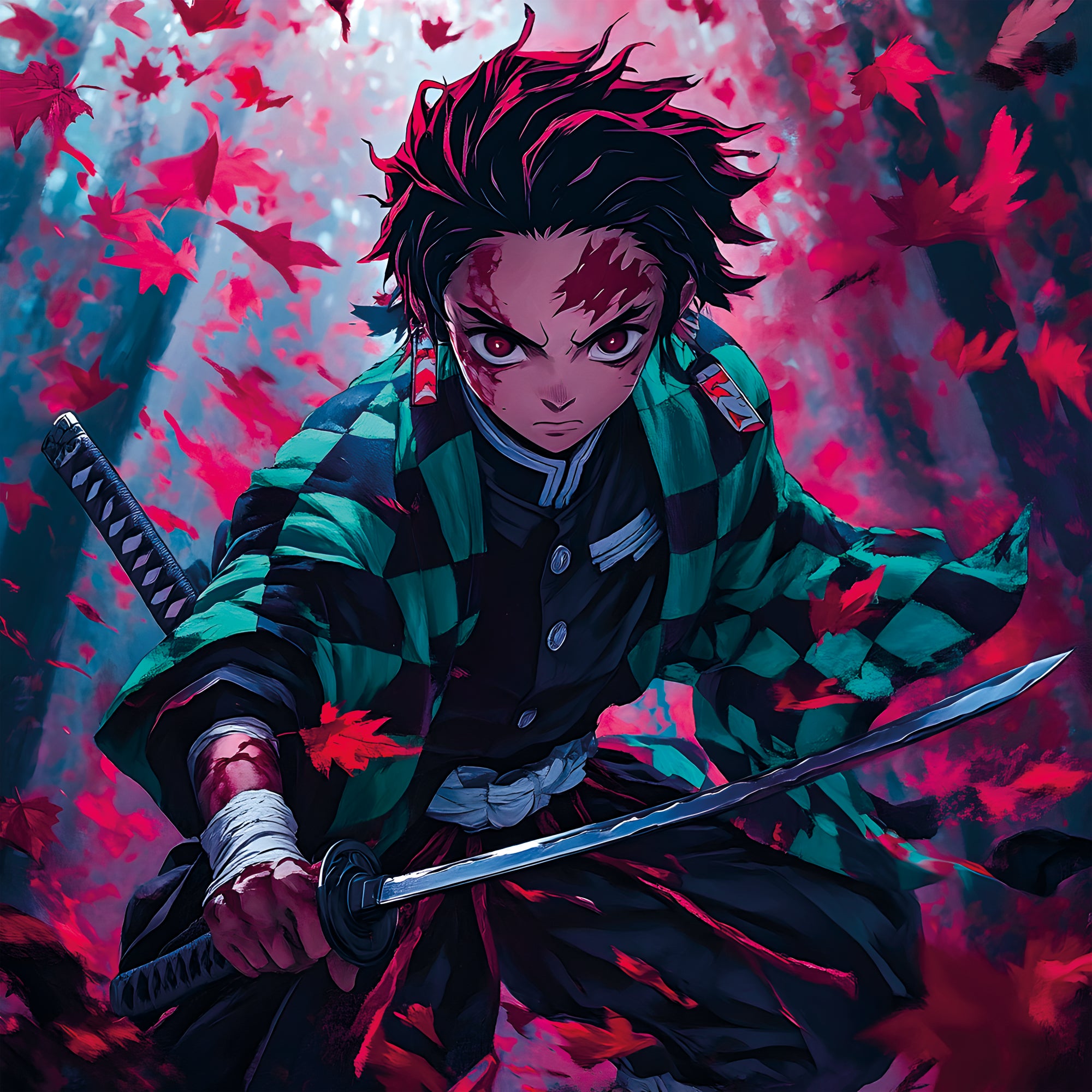 Tableau Demon Slayer Tanjiro Feuillage Rouge - Décoration Intérieure - Fabulartz.fr 