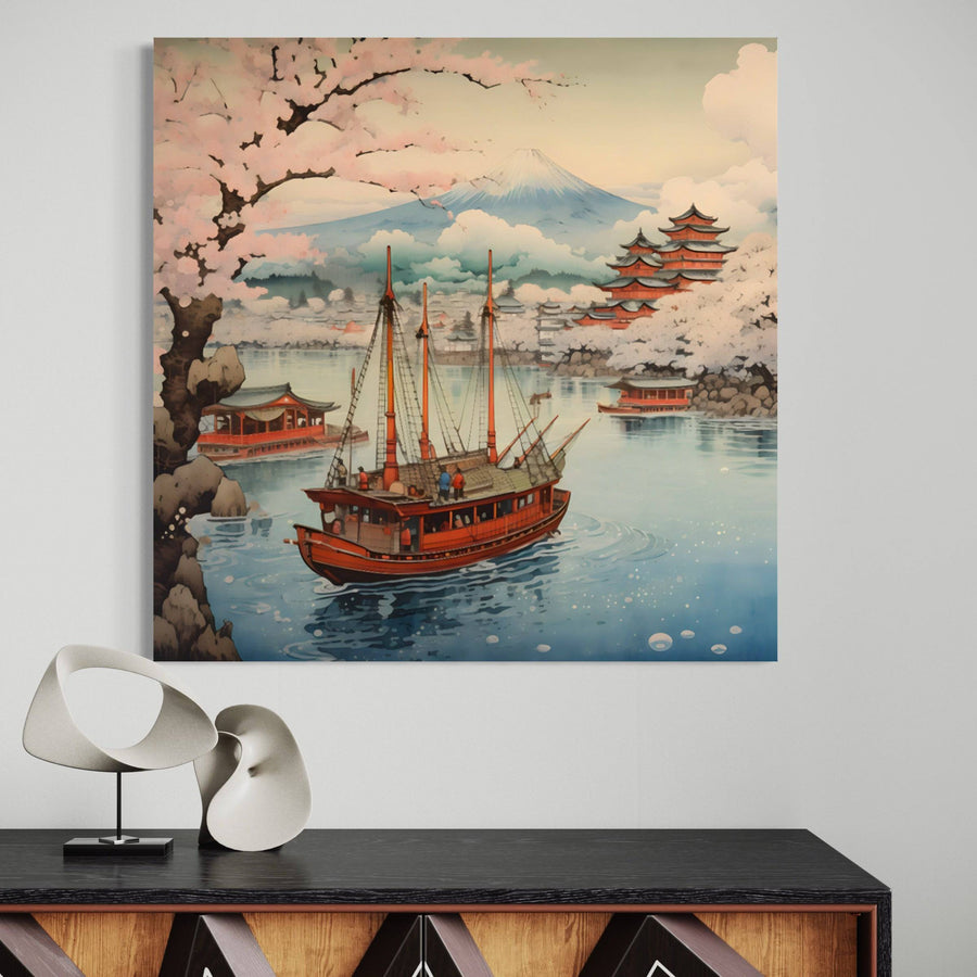Pittura giapponese che naviga ai piedi del Fuji - Decorazione murale tranquilla