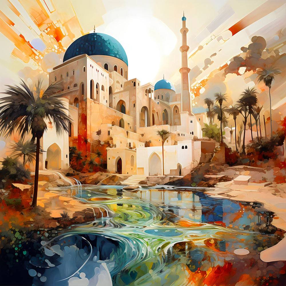 Oasis de Paix: Tableau d'une Mosquée au Lever du Soleil - Fabulartz.fr 