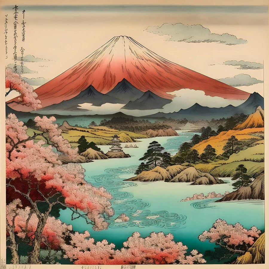 Pittura giapponese Primavera sul Monte Fuji - Decorazione murale naturale