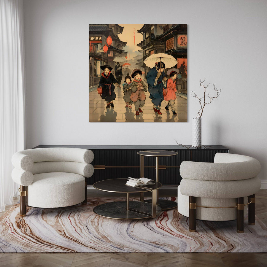 Tableau Japonais Promenade Sous La Pluie - Décoration Murale Vivante