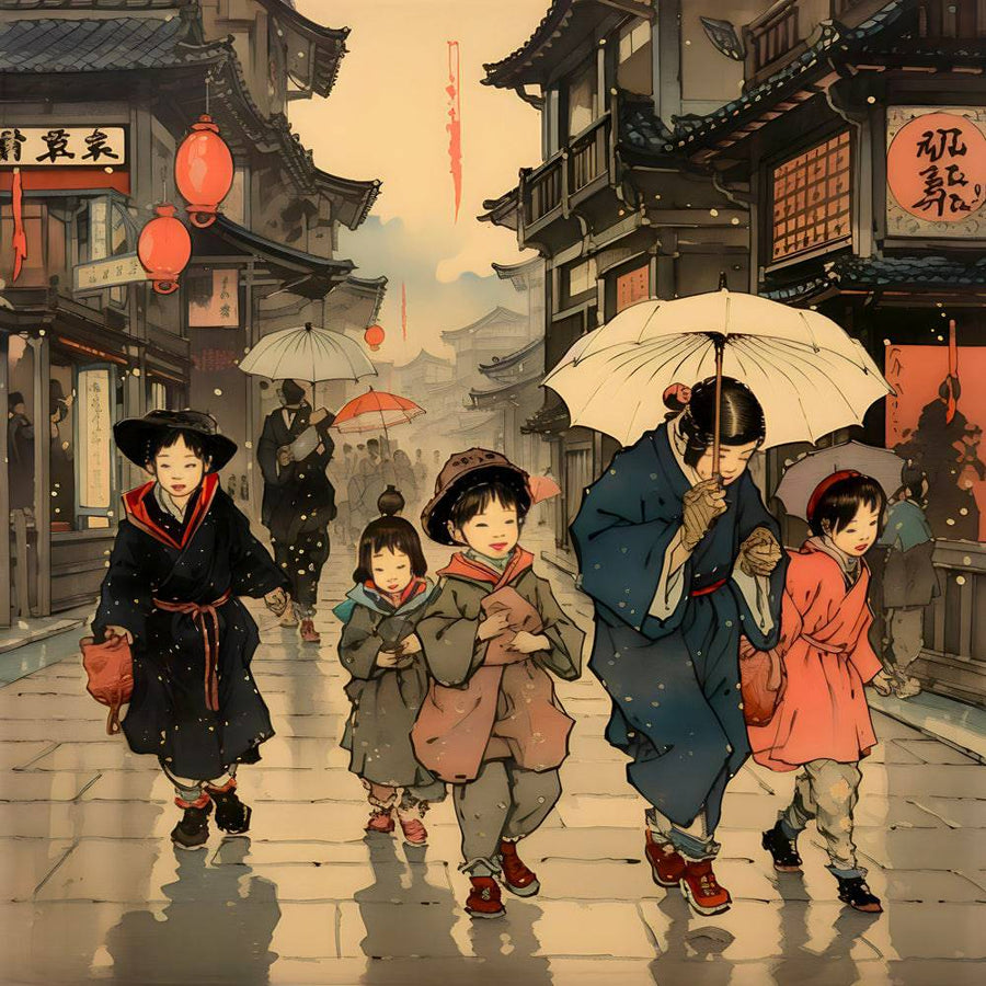 Tableau Japonais Promenade Sous La Pluie - Décoration Murale Vivante