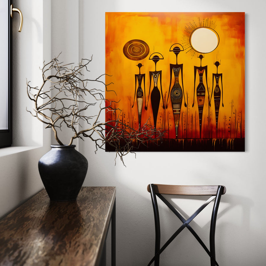 Tableau Africain Abstrait – Silhouettes et Soleil d'Or