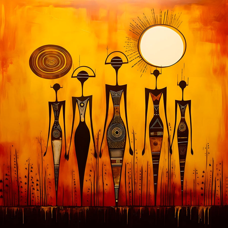 Tableau Africain Abstrait – Silhouettes et Soleil d'Or