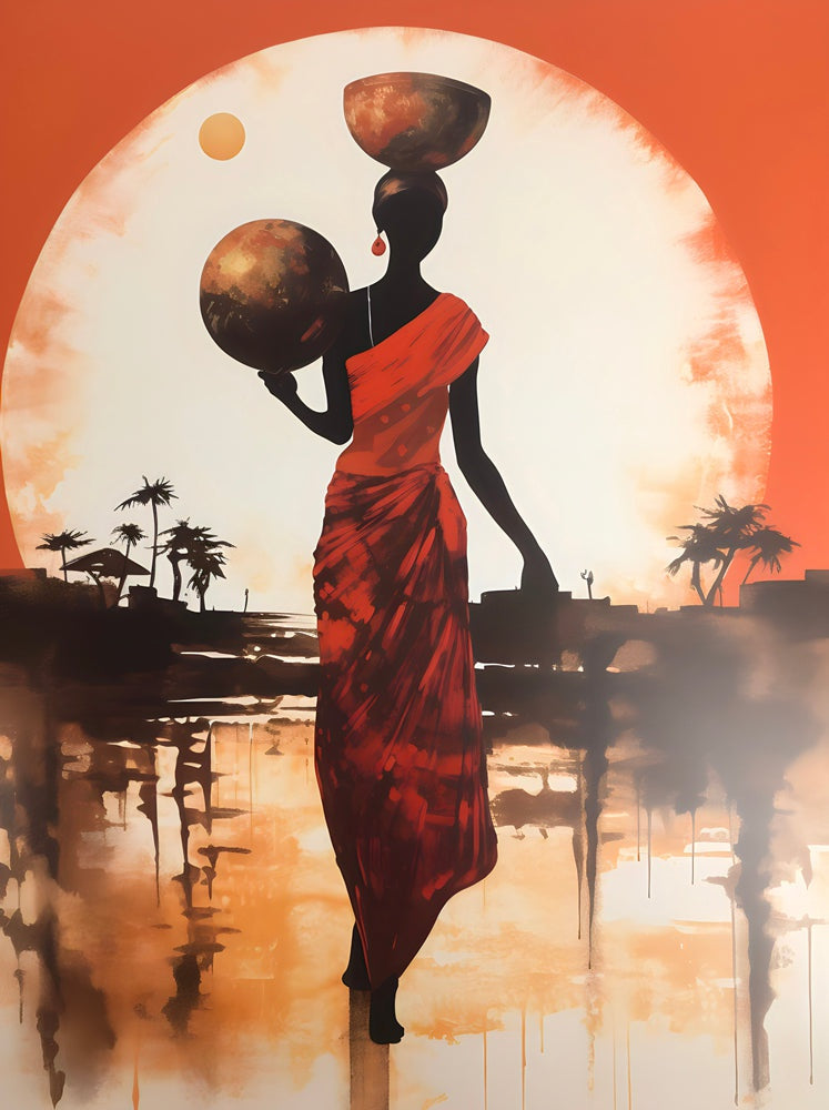 Tableau Africain Femme en Rouge – Coucher de Soleil Moderne