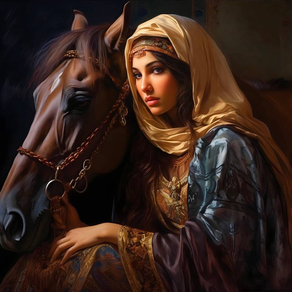 Tableau d'une Femme et son Cheval Arabe - Fabulartz.fr 