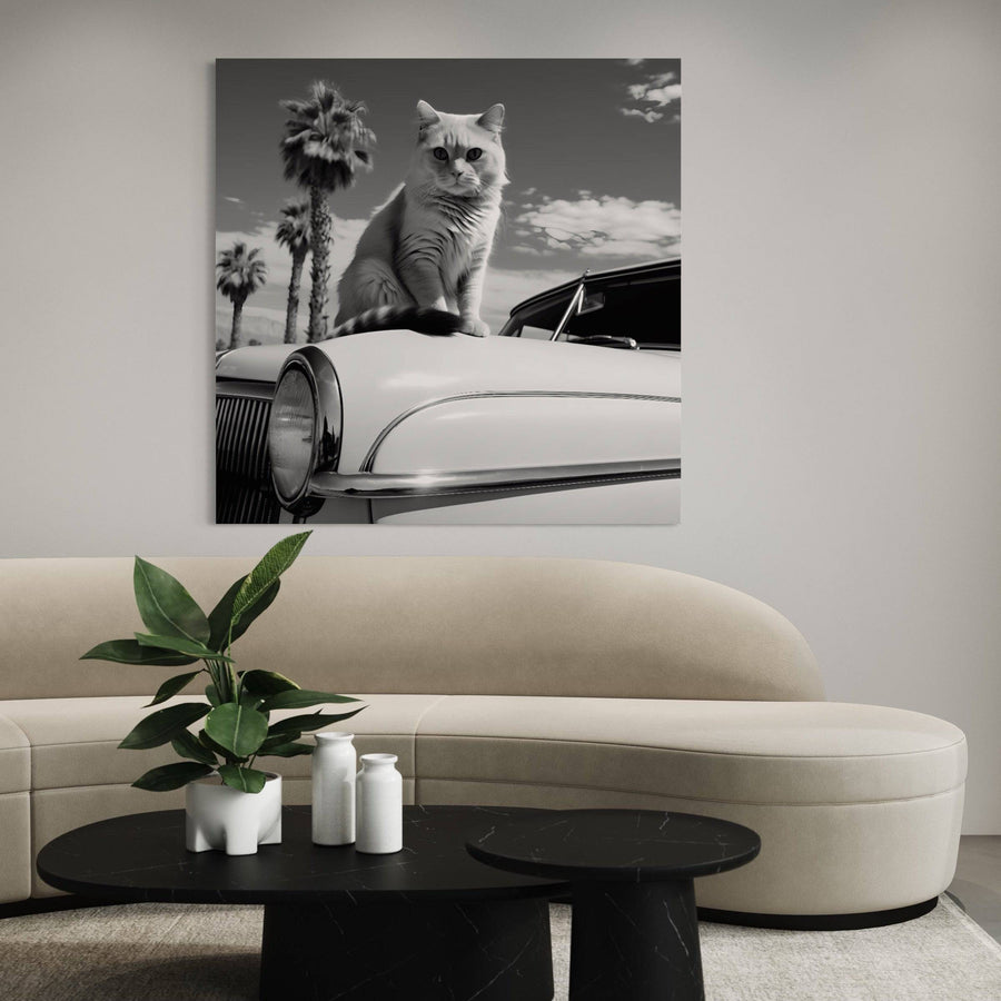 Tableau Noir et Blanc - Chat Surf - Cadre Déco