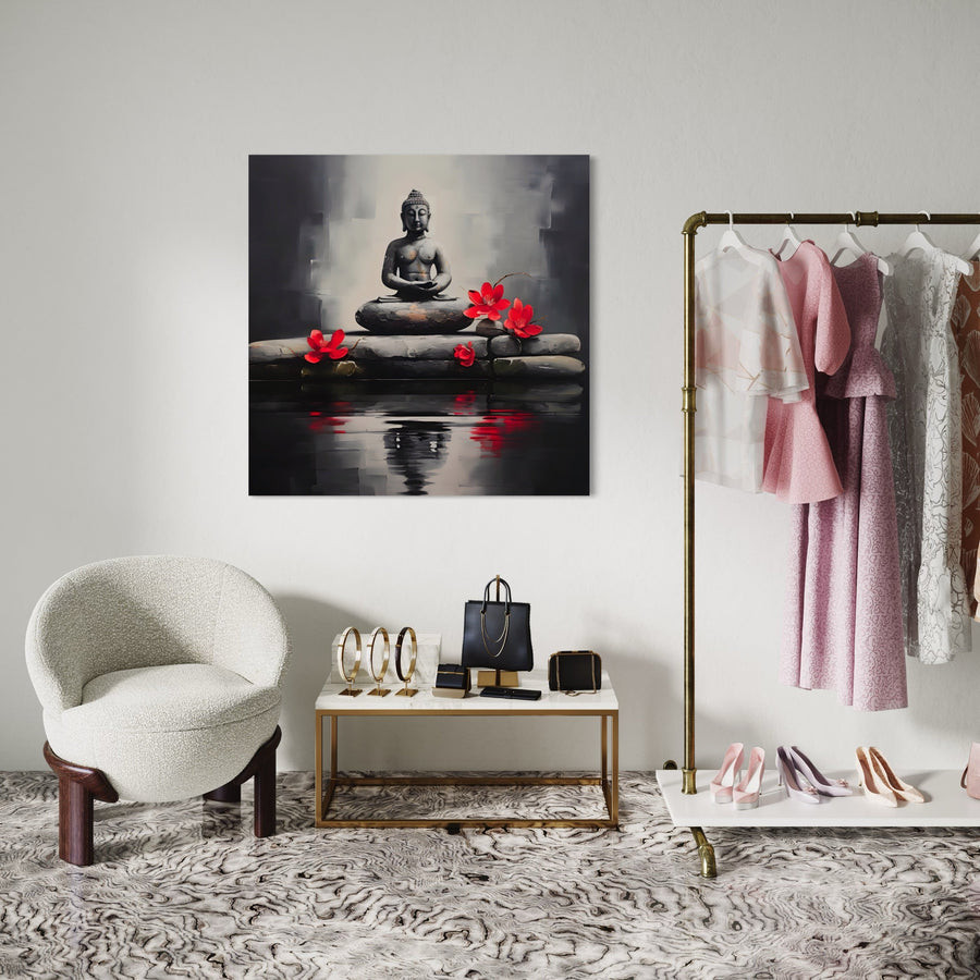 Zen painting Buddha and Red Flowers - Serenity and Wall Decoration