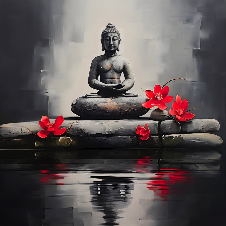 Zen painting Buddha and Red Flowers - Serenity and Wall Decoration