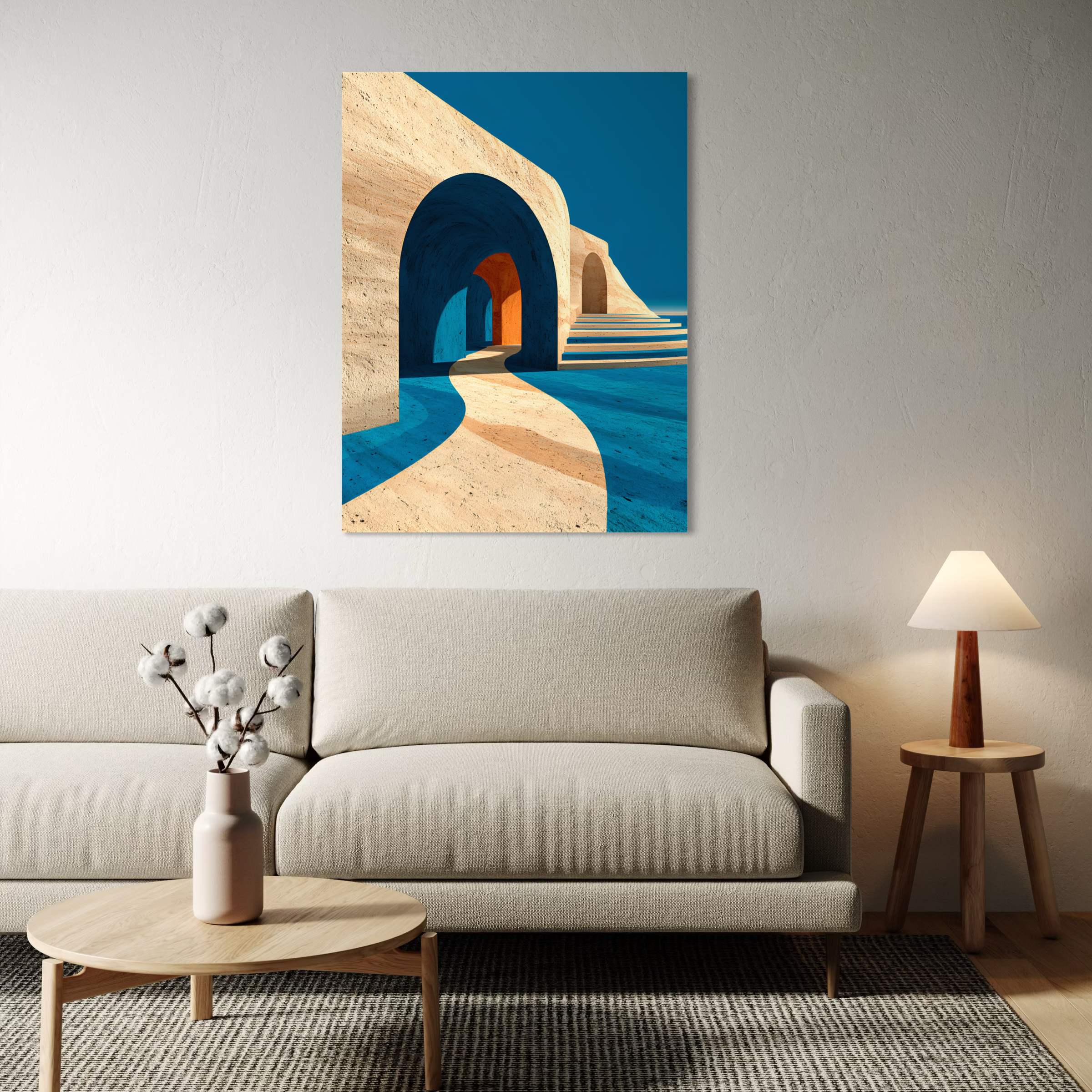 Tableau Coastal Luxe représentant des voûtes architecturales méditerranéennes minimalistes avec lumière bleue et matières minérales