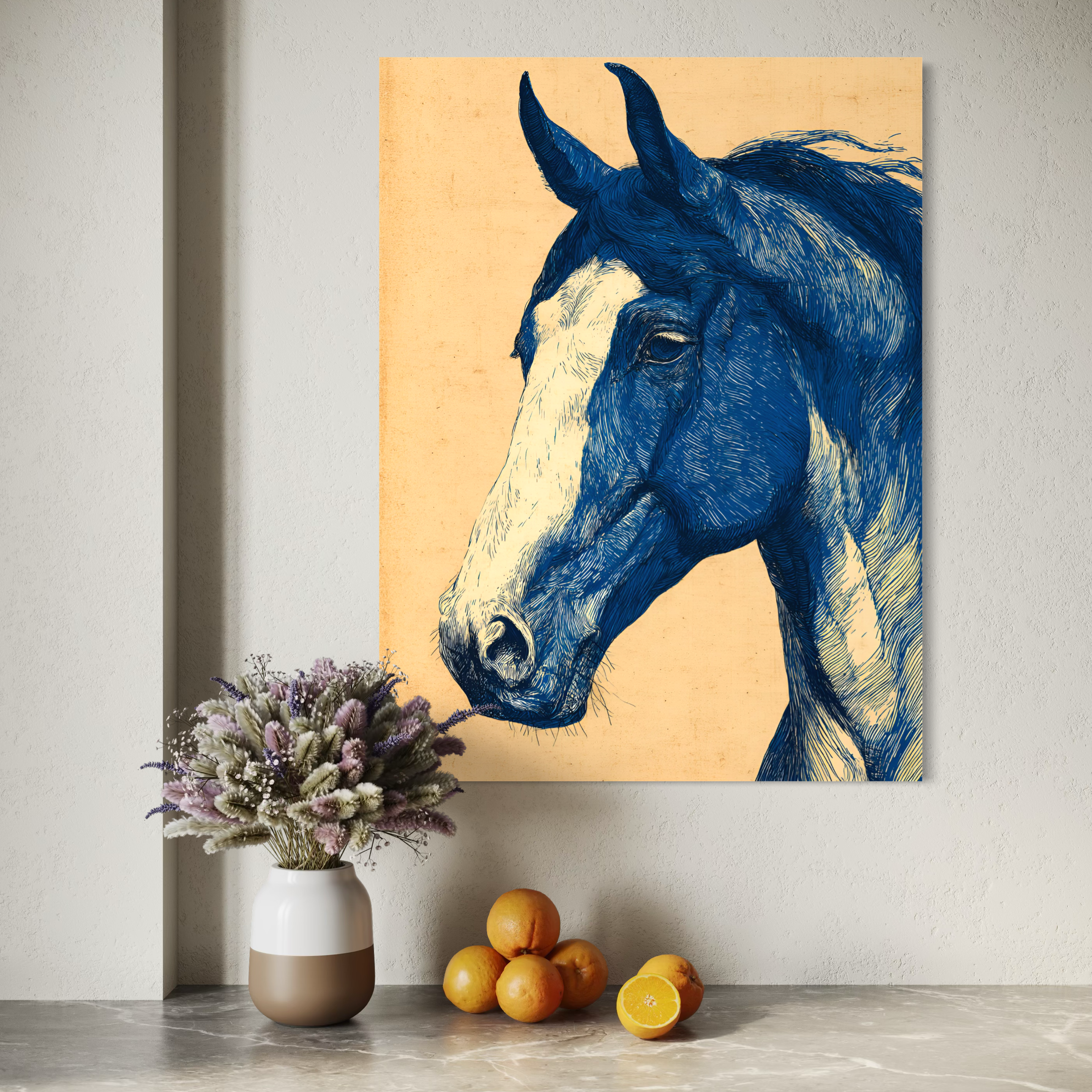 Tableau Coastal Luxe représentant un cheval bleu artistique dans un style méditerranéen contemporain et élégant