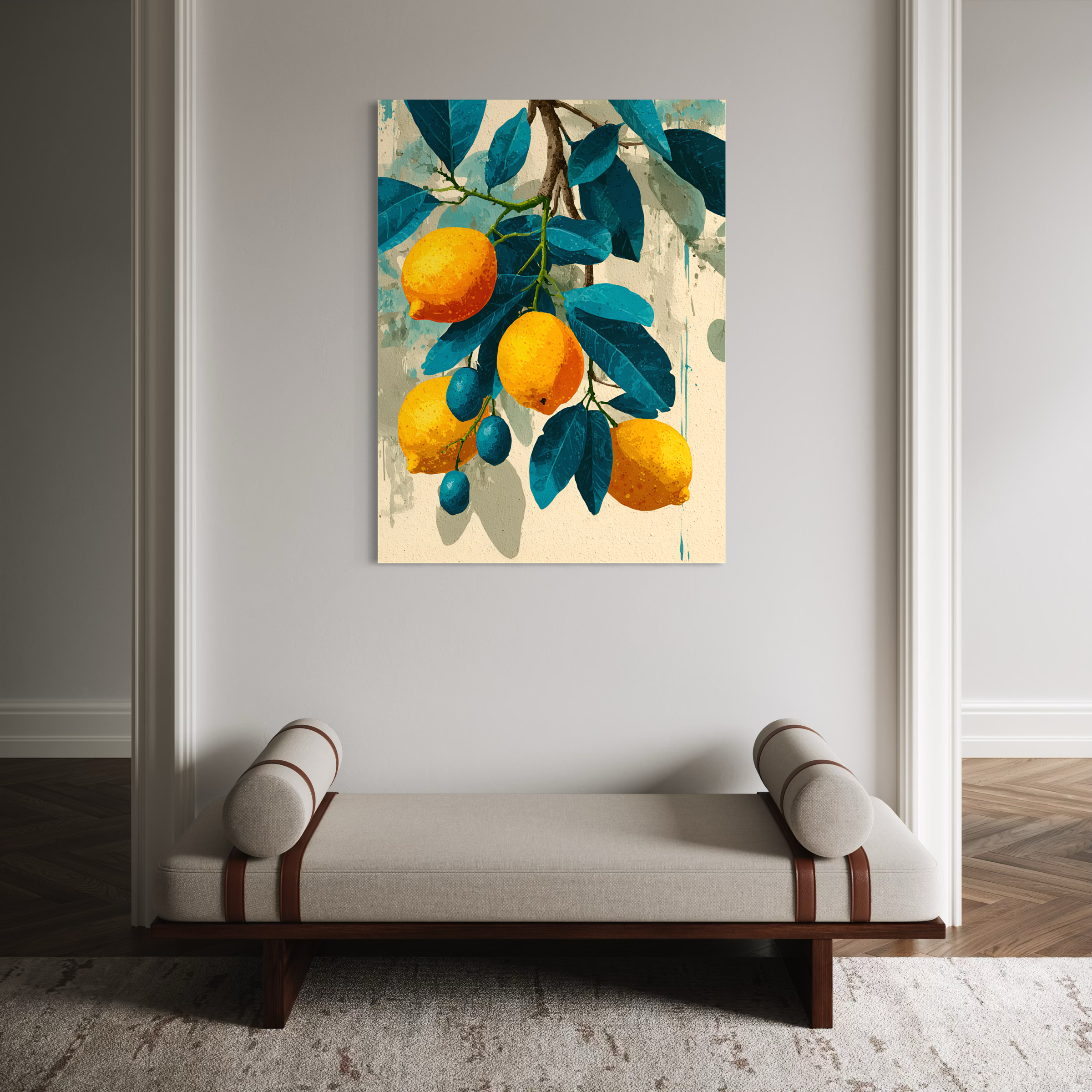 Tableau Coastal Luxe représentant des citrons méditerranéens jaunes avec feuillage bleu dans un style artistique contemporain