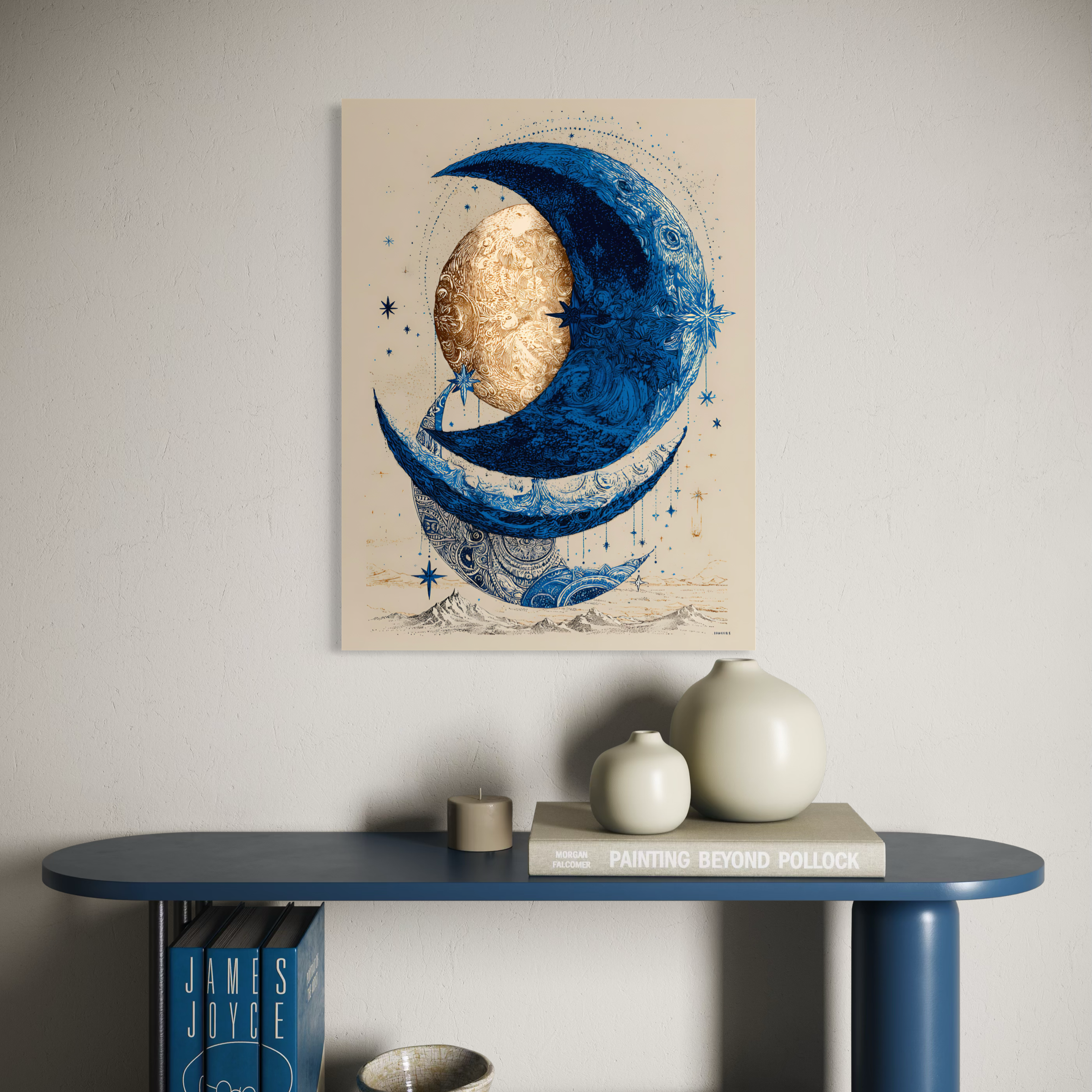 Tableau Coastal Luxe représentant une lune bleue astrale avec étoiles et design artistique méditerranéen contemporain