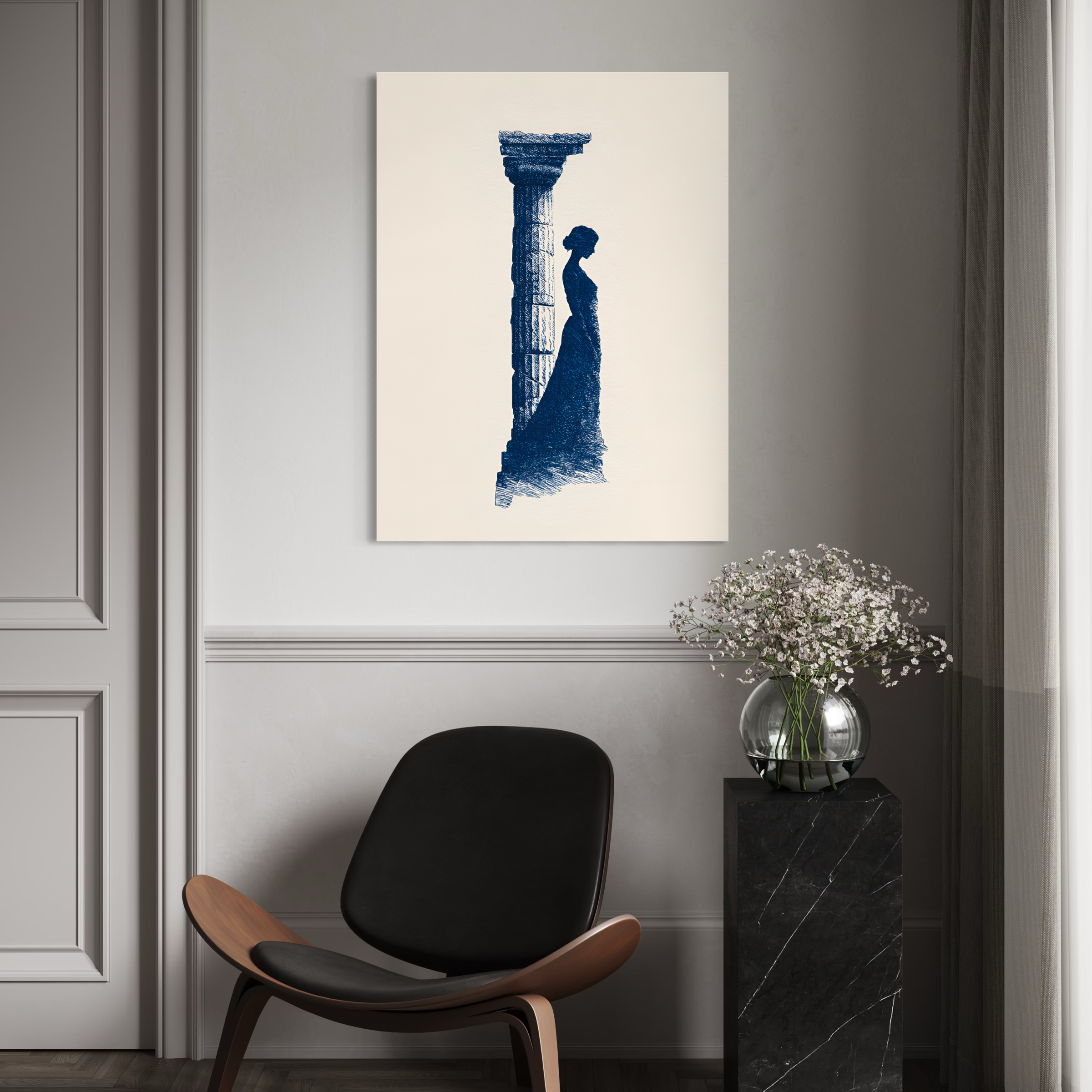 Tableau Coastal Luxe représentant une silhouette grecque minimaliste bleu Méditerranée avec colonne antique dans un style contemporain