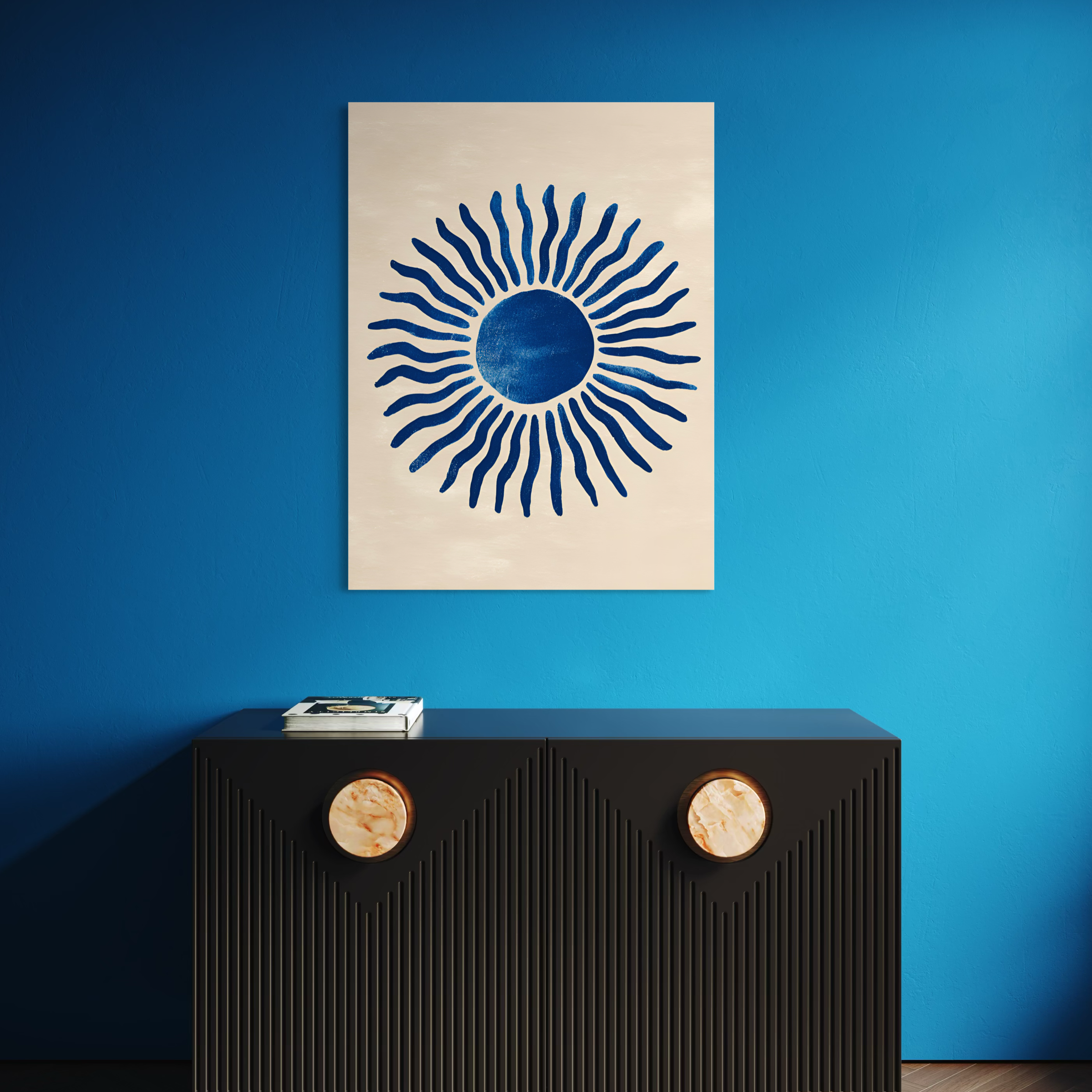 Tableau Coastal Luxe avec soleil bleu minimaliste inspiré des paysages méditerranéens et du design contemporain