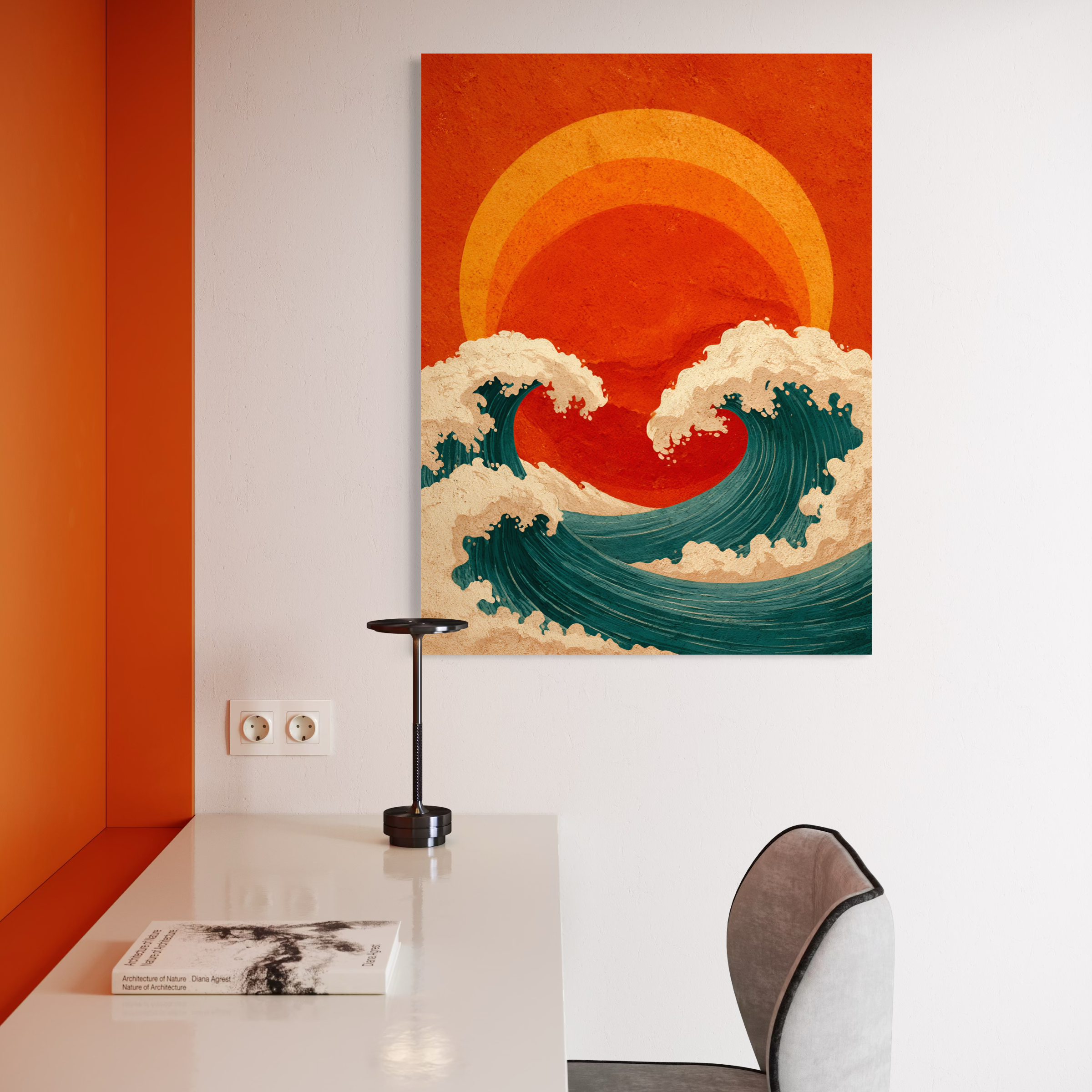 Tableau Coastal Luxe représentant des vagues océaniques bleues sous un soleil terracotta dans un style méditerranéen contemporain