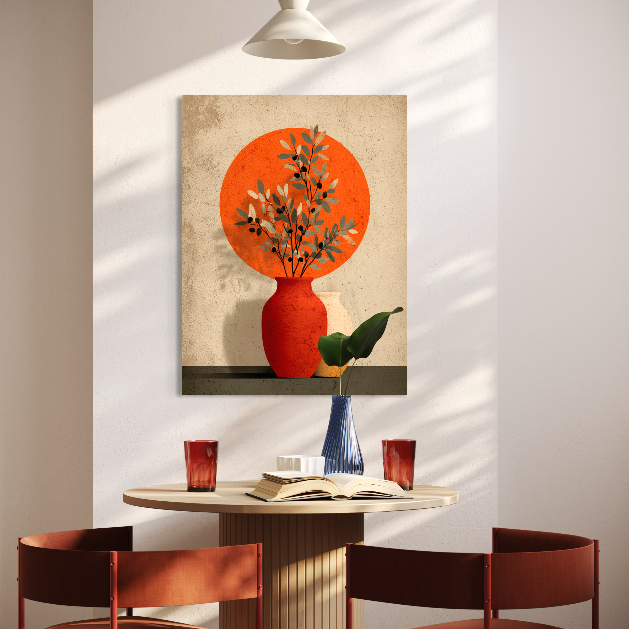 Tableau Coastal Luxe représentant un vase terracotta minimaliste avec feuillage méditerranéen devant un soleil orange texturé