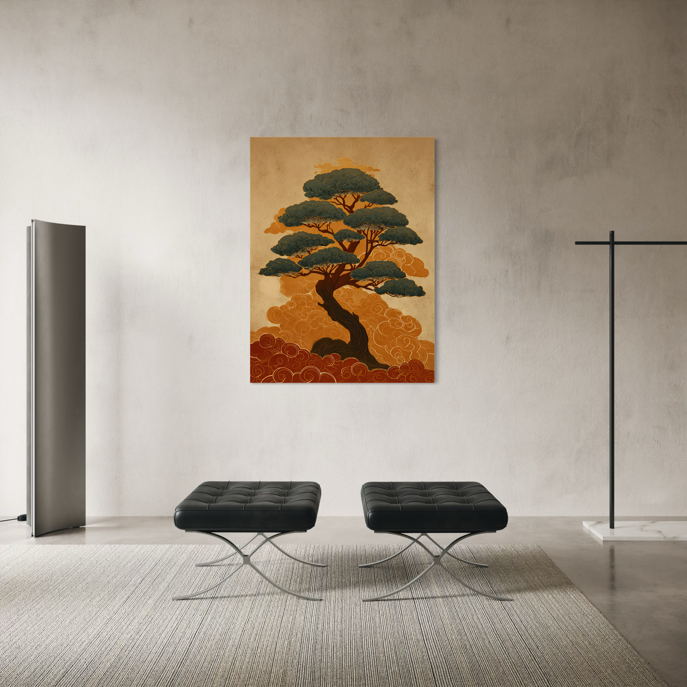 Tableau Japandi représentant un bonsaï japonais avec nuages dorés dans un style zen et minimaliste