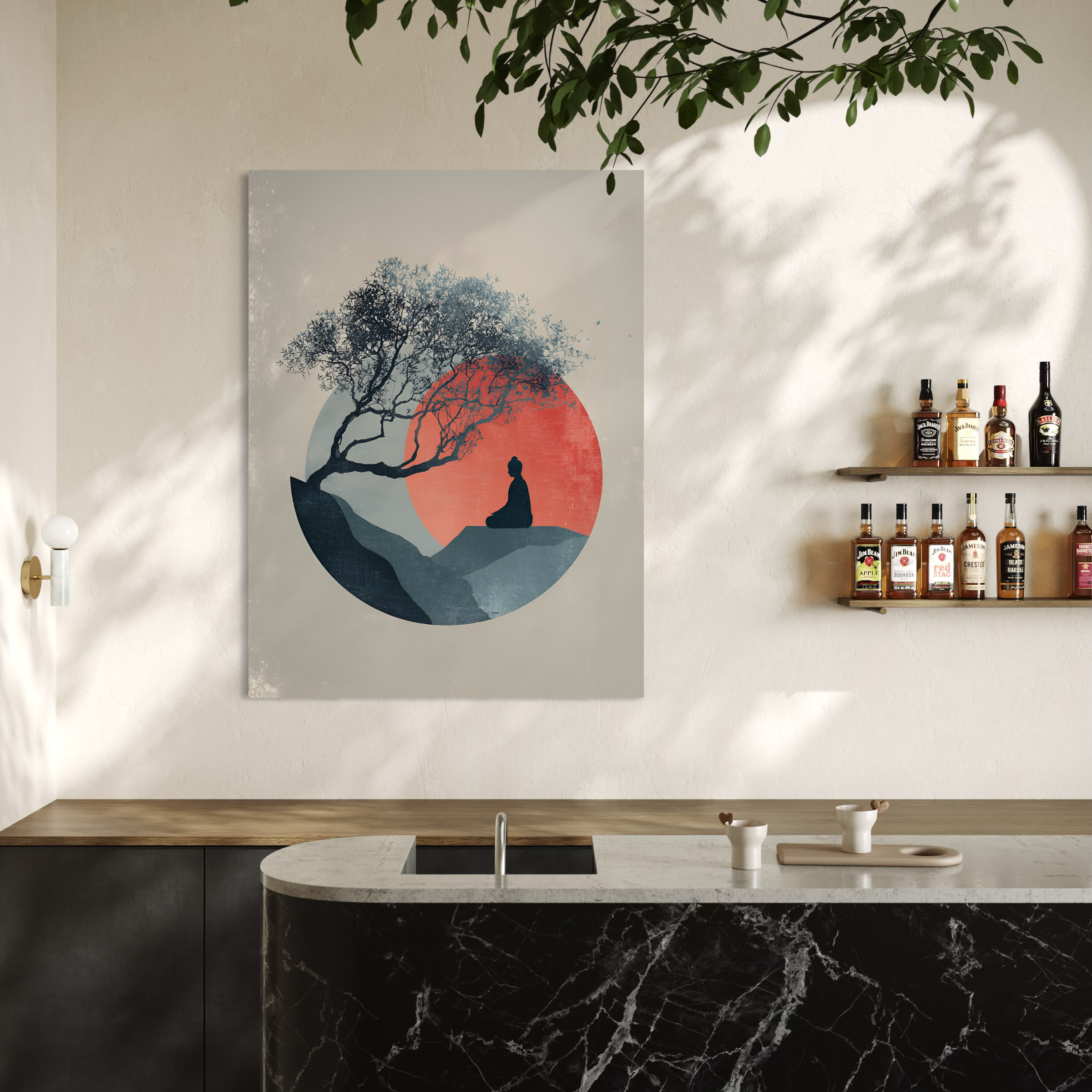 Tableau Japandi représentant une silhouette méditative sous un arbre japonais avec soleil corail minimaliste