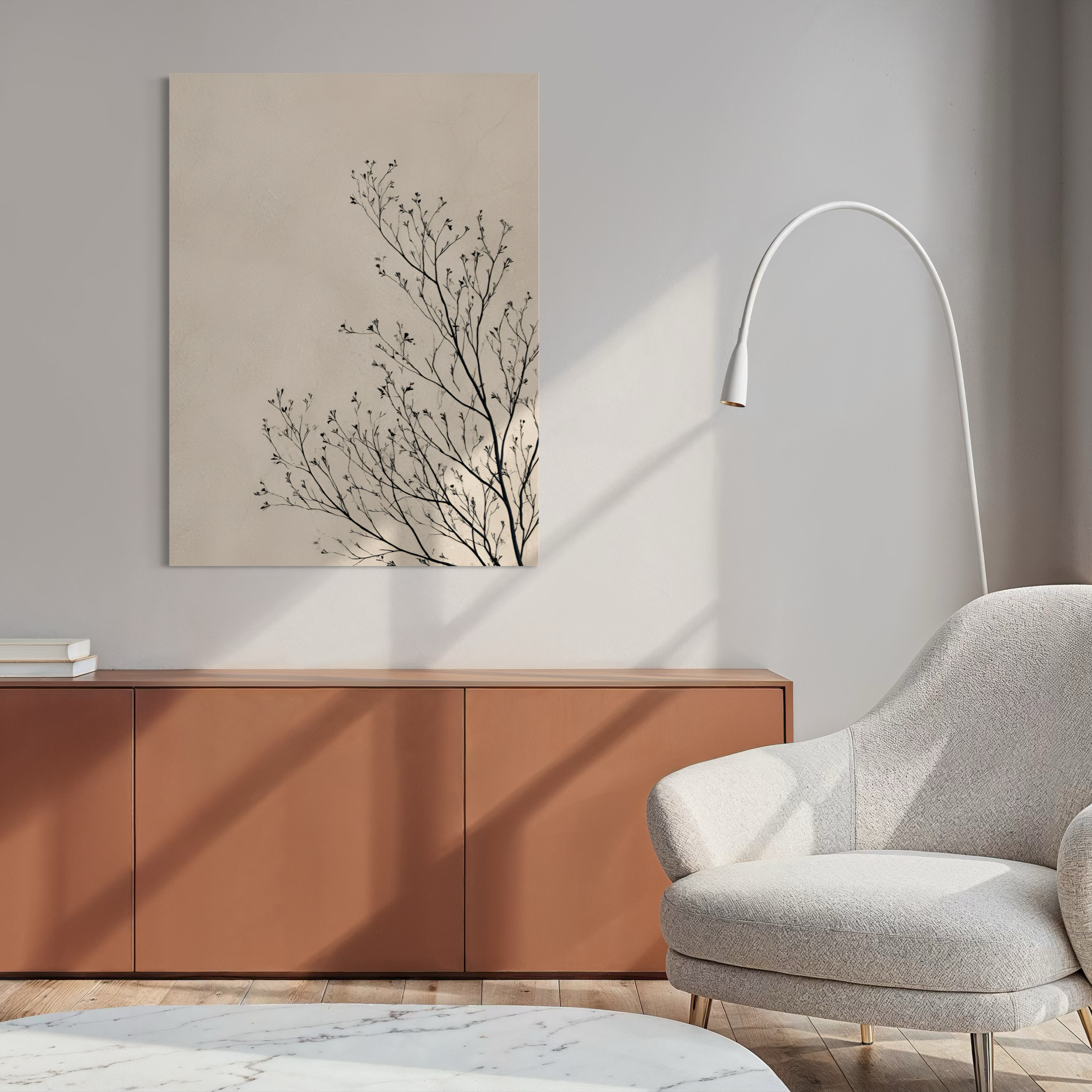 Tableau Japandi représentant de fines branches minimalistes noires sur fond beige texturé dans un style zen et naturel