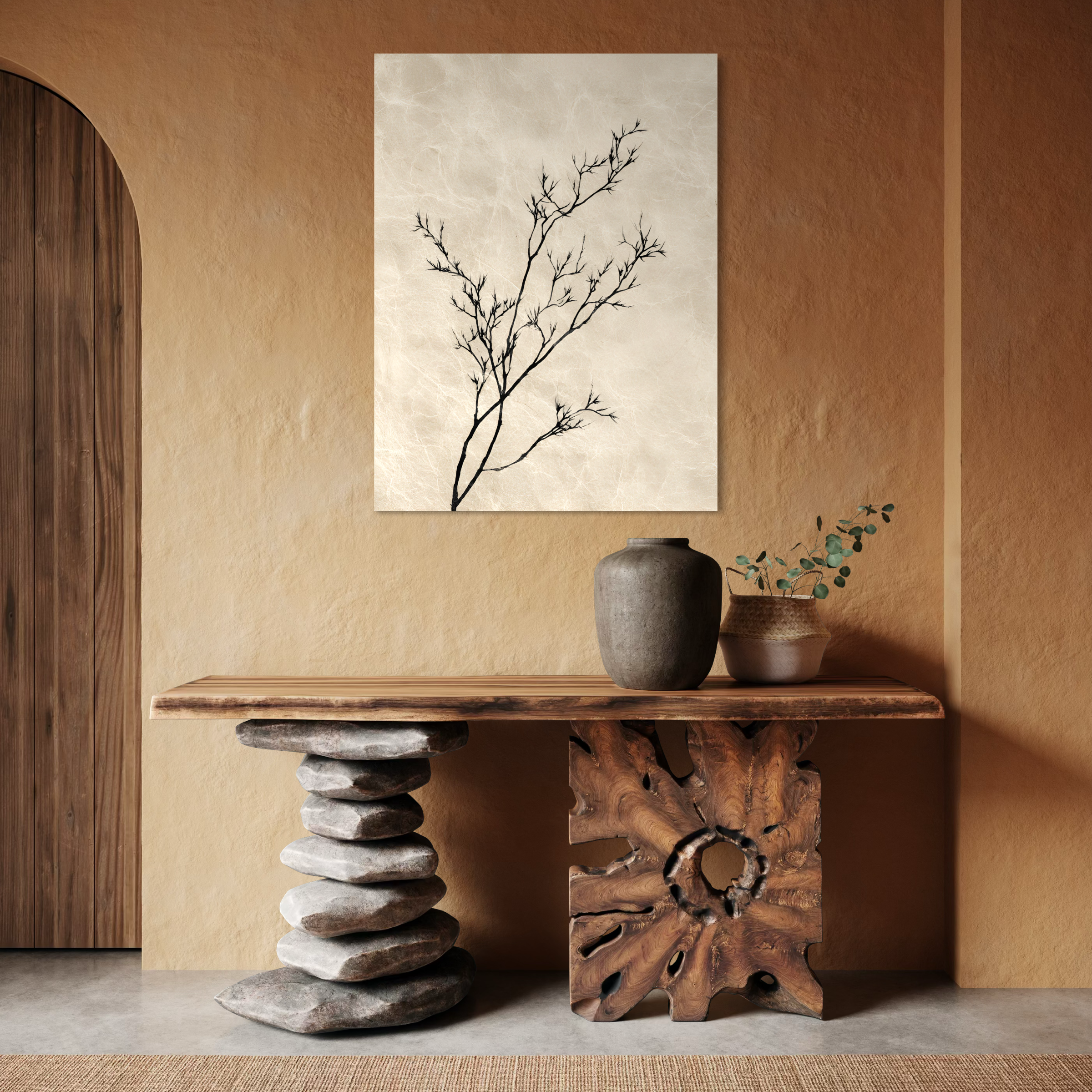Tableau Japandi représentant des branches noires minimalistes sur fond beige texturé dans un style zen et naturel