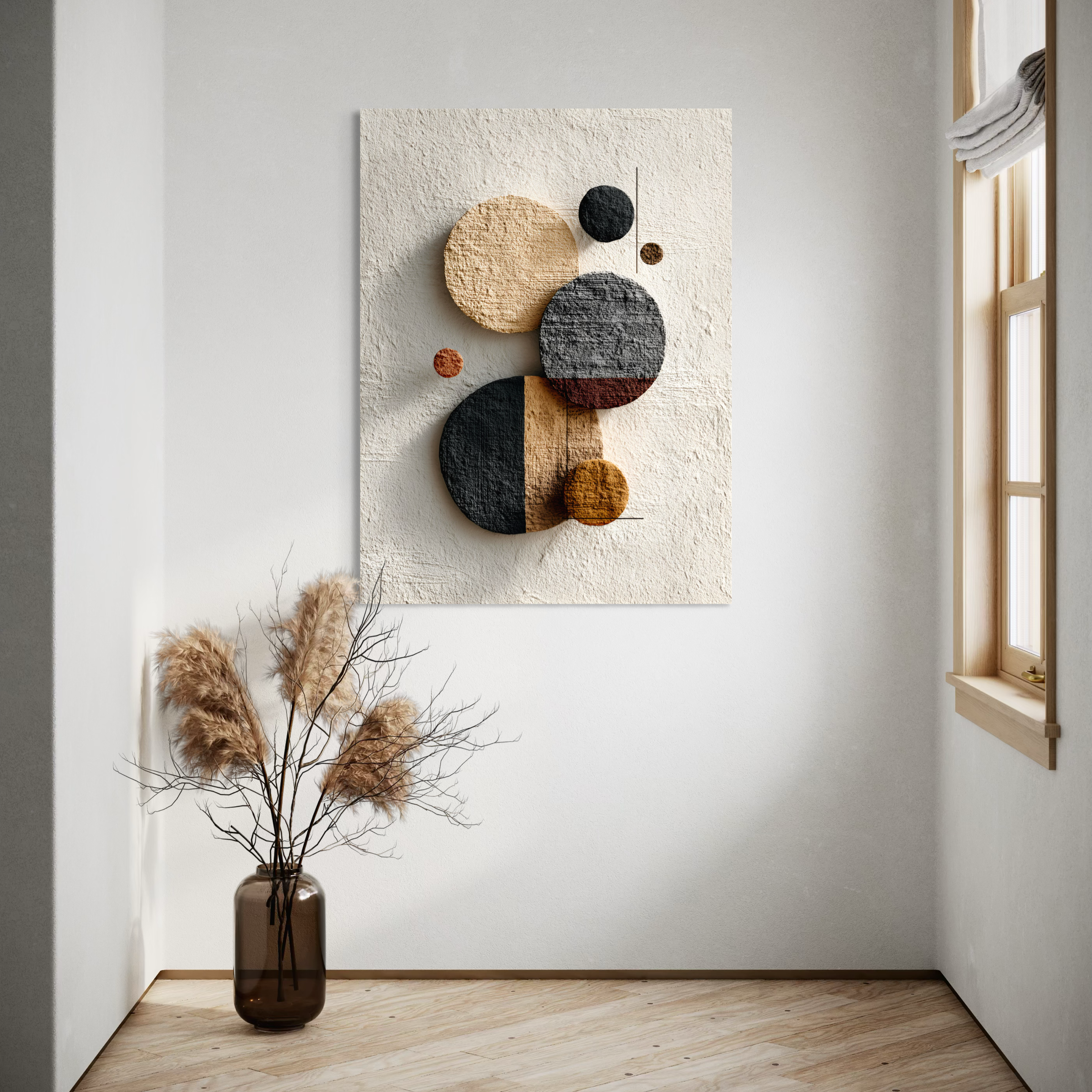 Tableau Japandi abstrait avec cercles texturés effet plâtre dans des tons beige, noir et brun sur fond minéral
